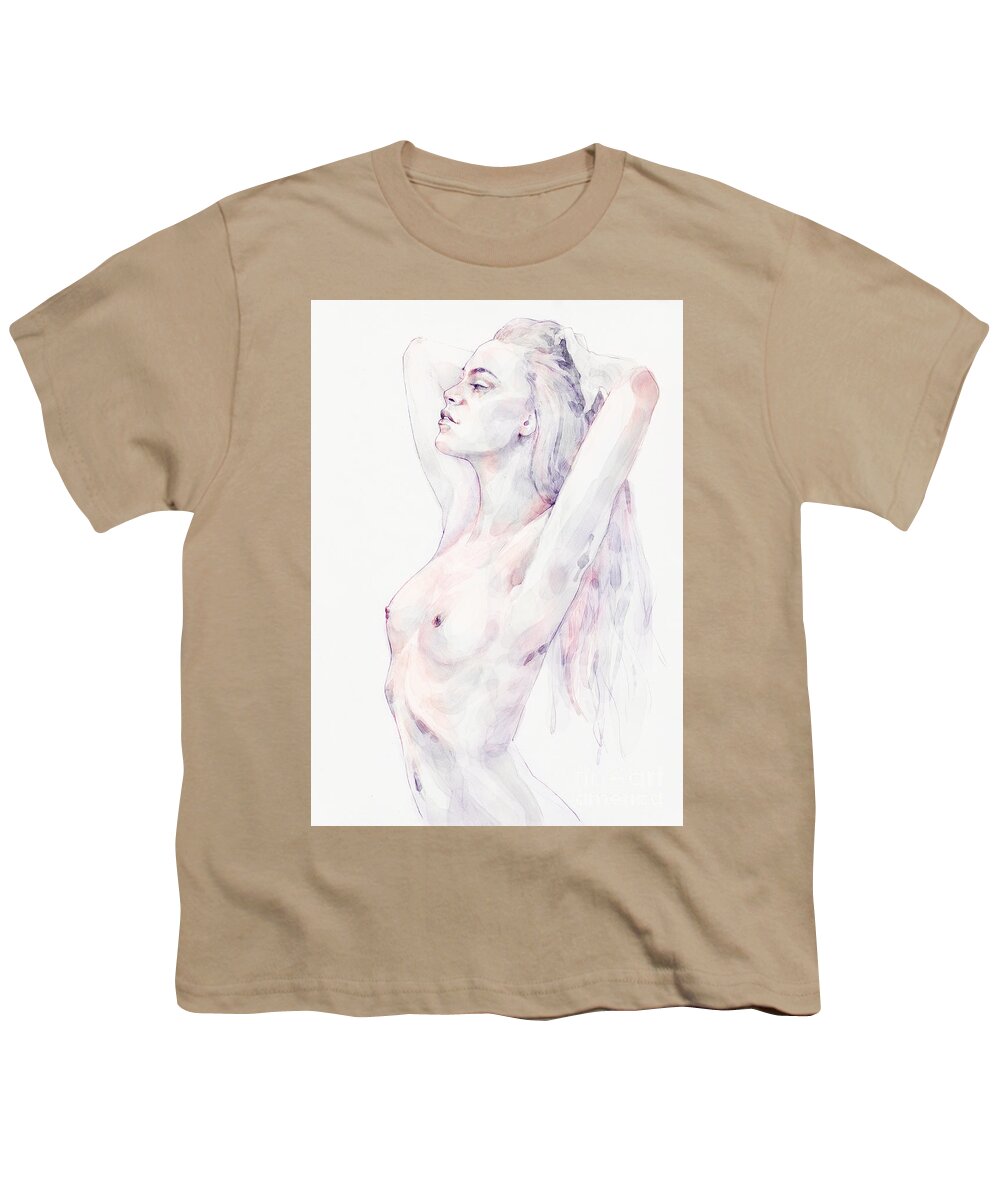 Watercolor Youth T-Shirt featuring the painting Lovely classical pose girl portrait by Dimitar Hristov