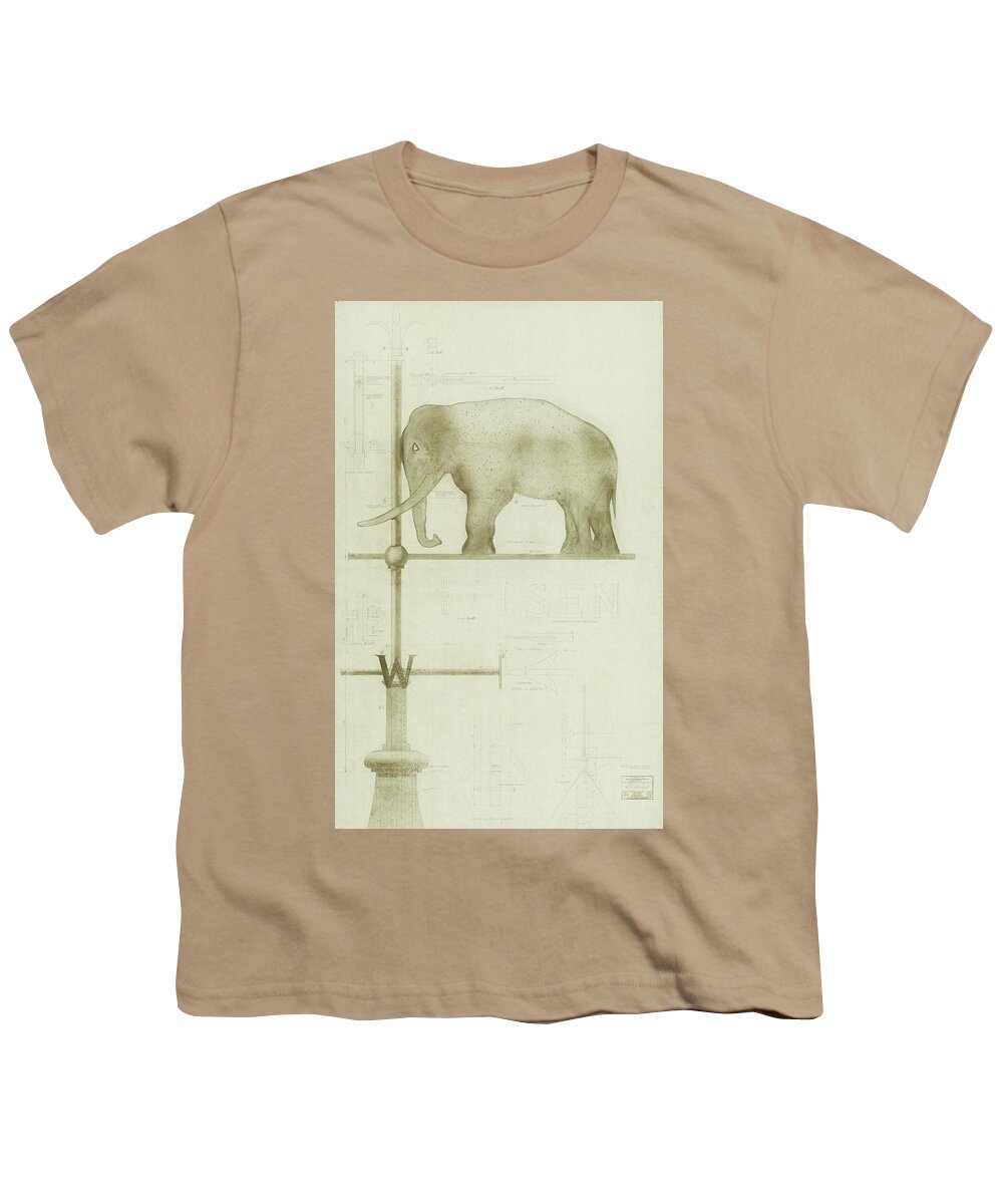 Elephant Youth T-Shirt featuring the drawing Pachyderm House, Philadelphia Zoo, detail of weather vane by Paul Philippe Cret