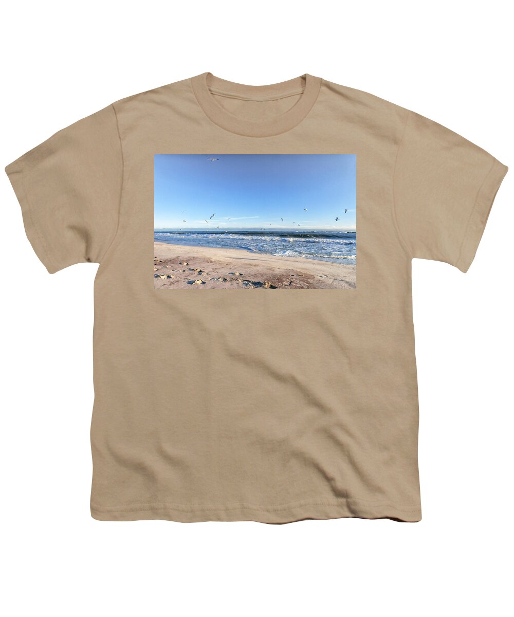 Seagulls Youth T-Shirt featuring the photograph Seagulls Over The Beach by Sandi Kroll