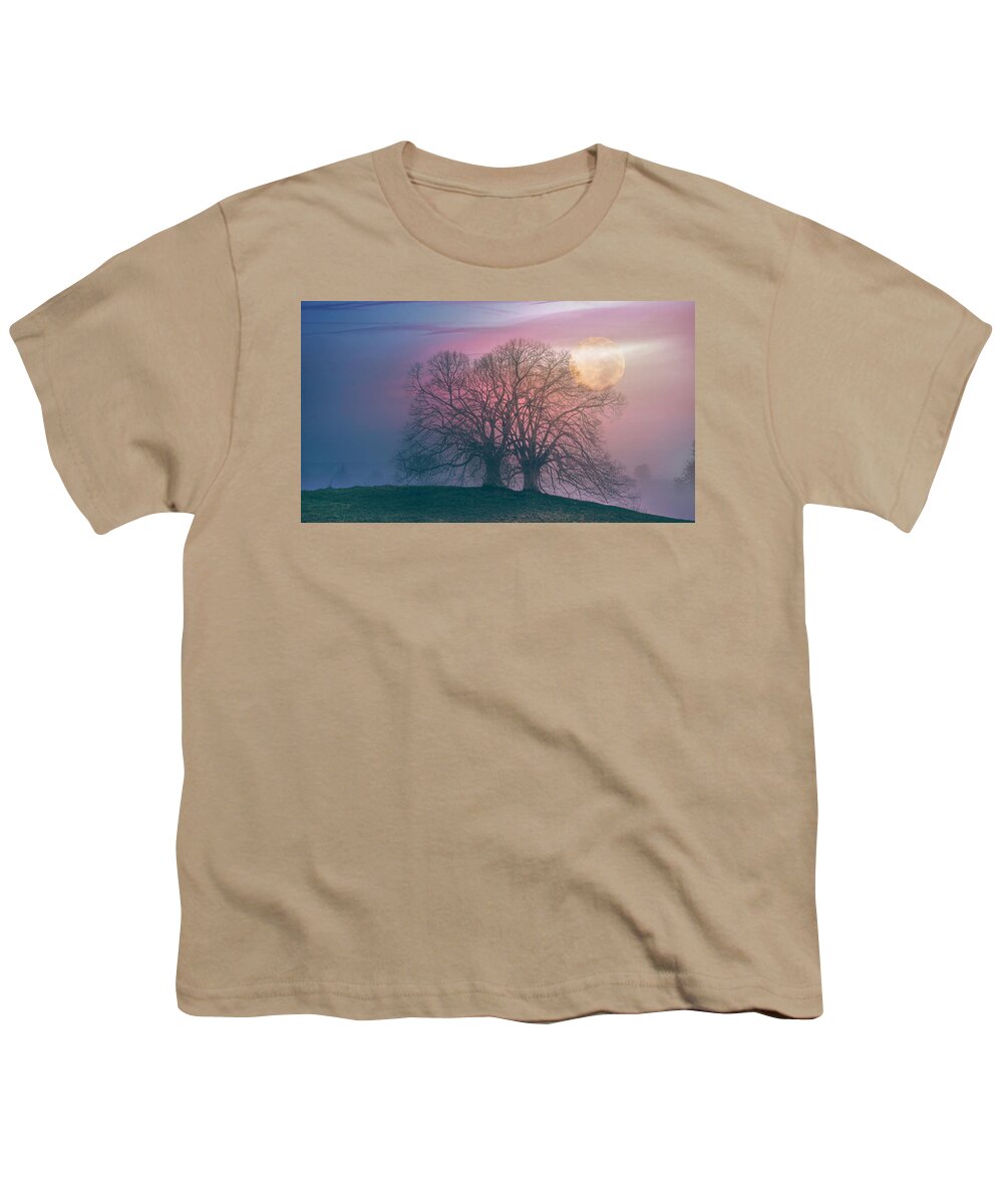 Carolina Youth T-Shirt featuring the photograph The Moon Rises over the Hillsides in Soft Evening Blues by Debra and Dave Vanderlaan