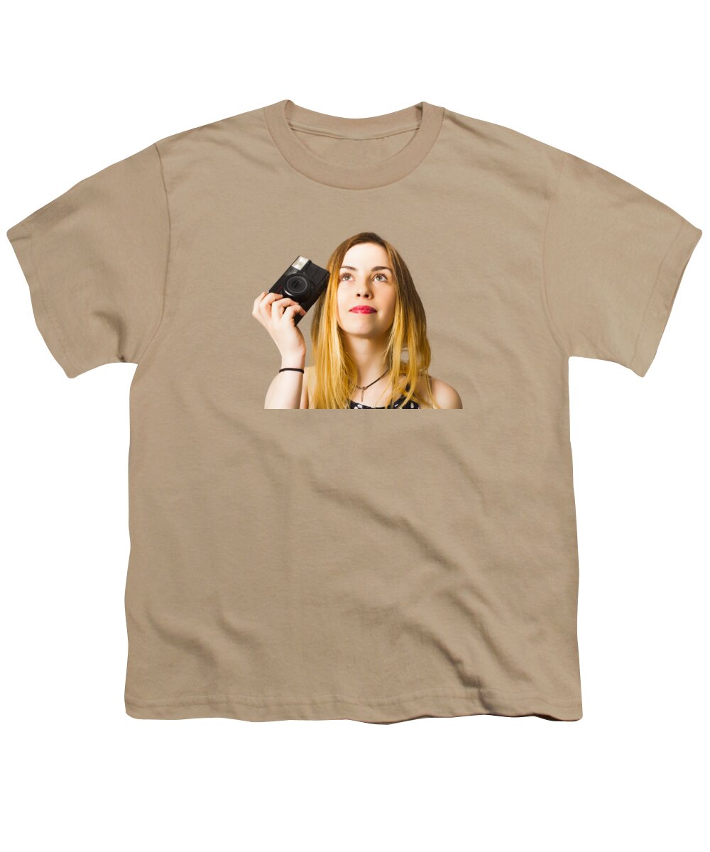Photo Youth T-Shirt featuring the photograph Thinking photographer girl by Jorgo Photography