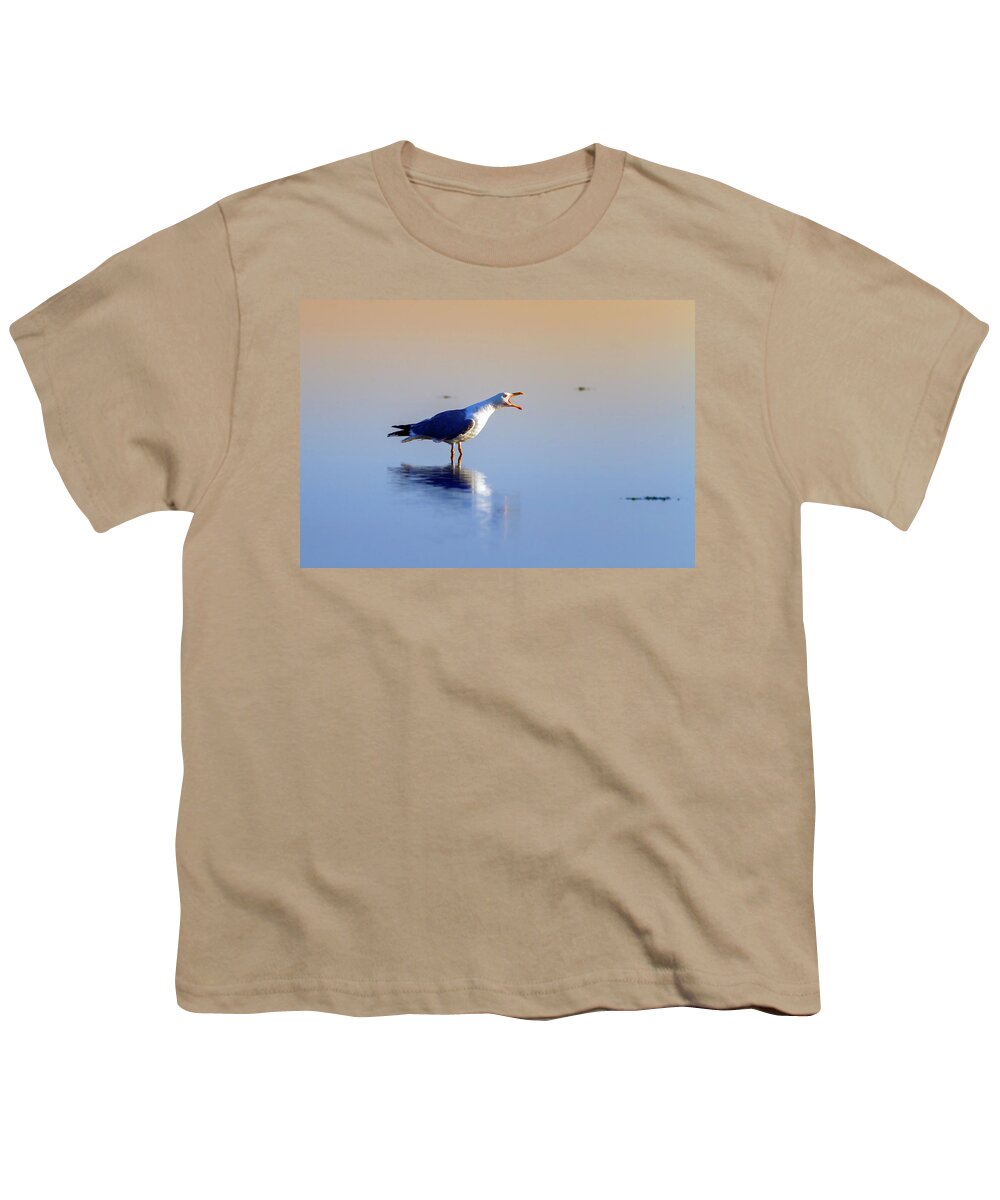 Water Youth T-Shirt featuring the photograph Gull singing on the water, Camargue, France #1 by Elenarts - Elena Duvernay photo