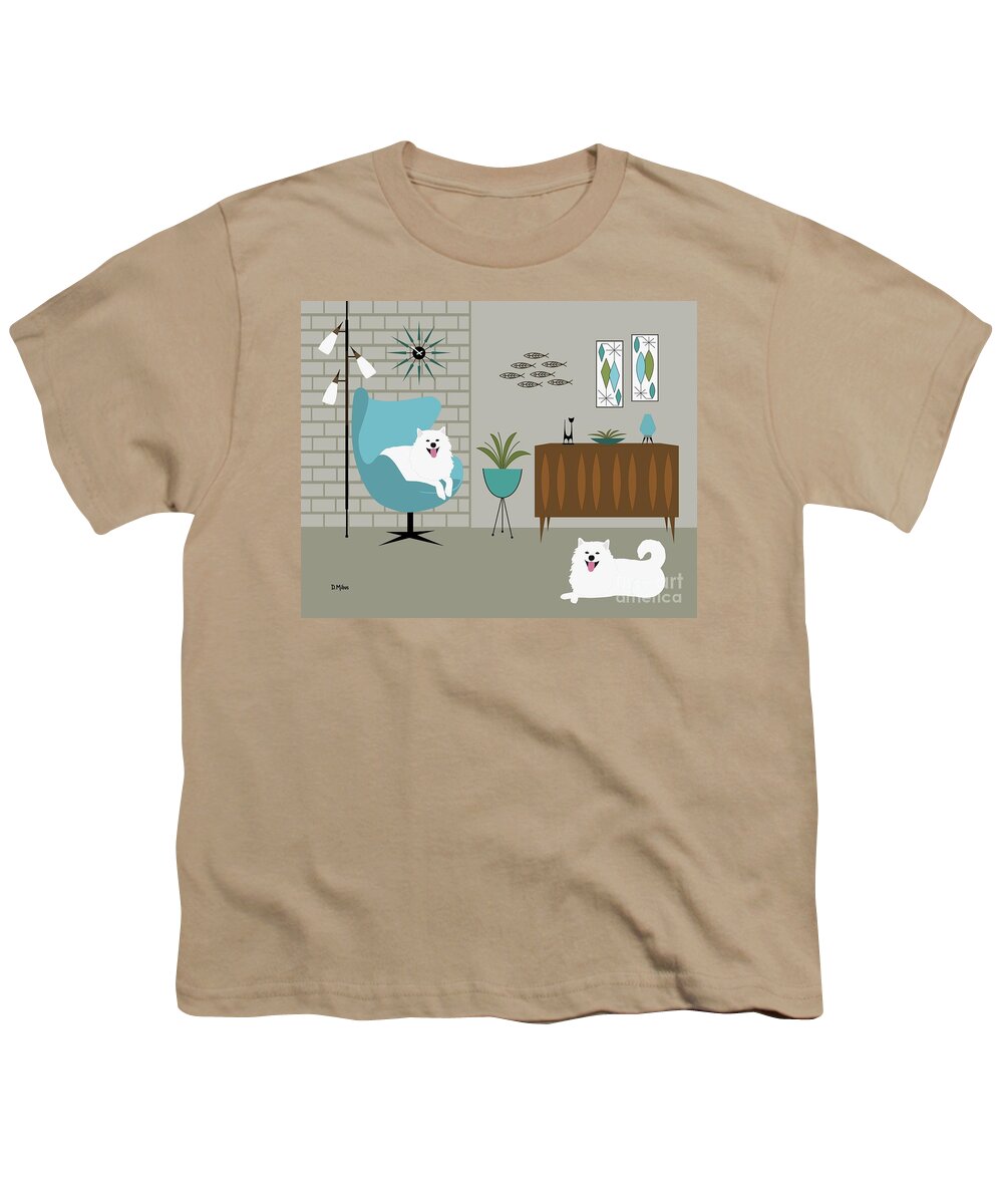 Mid Century Modern Youth T-Shirt featuring the digital art Mid Century Modern White Dogs by Donna Mibus