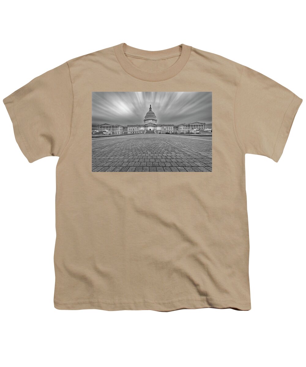 Us Capitol Youth T-Shirt featuring the photograph US Capitol Building bw #2 by Susan Candelario