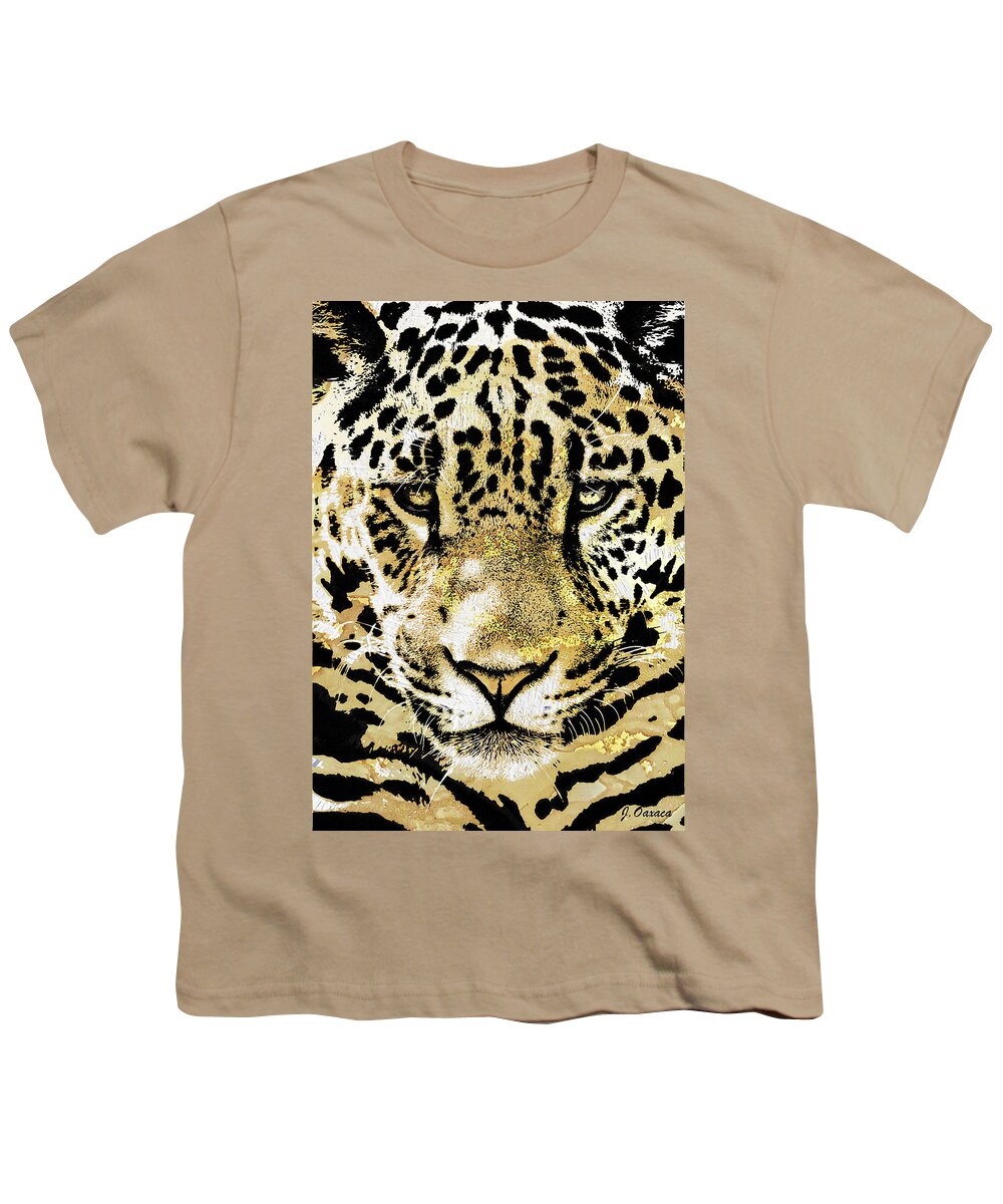 Felino Youth T-Shirt featuring the mixed media Golden Leopard Face by J U A N - O A X A C A