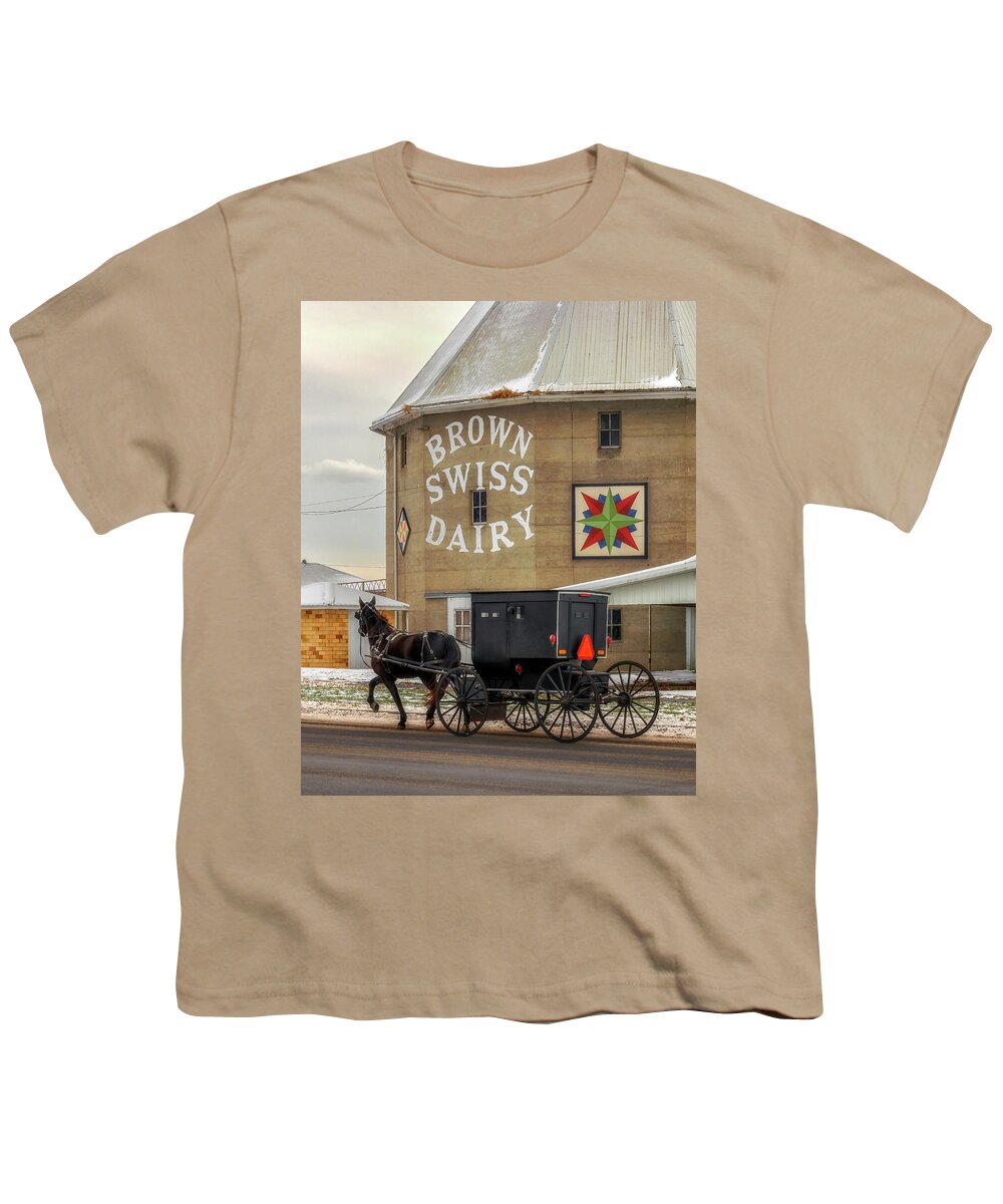 Barn Youth T-Shirt featuring the photograph Amish Buggy at the Brown Swiss Dairy by Susan Rissi Tregoning