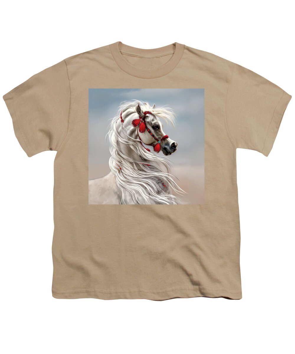 Equestrian Art Youth T-Shirt featuring the digital art Arabian with Red Tassels by Stacey Mayer by Stacey Mayer