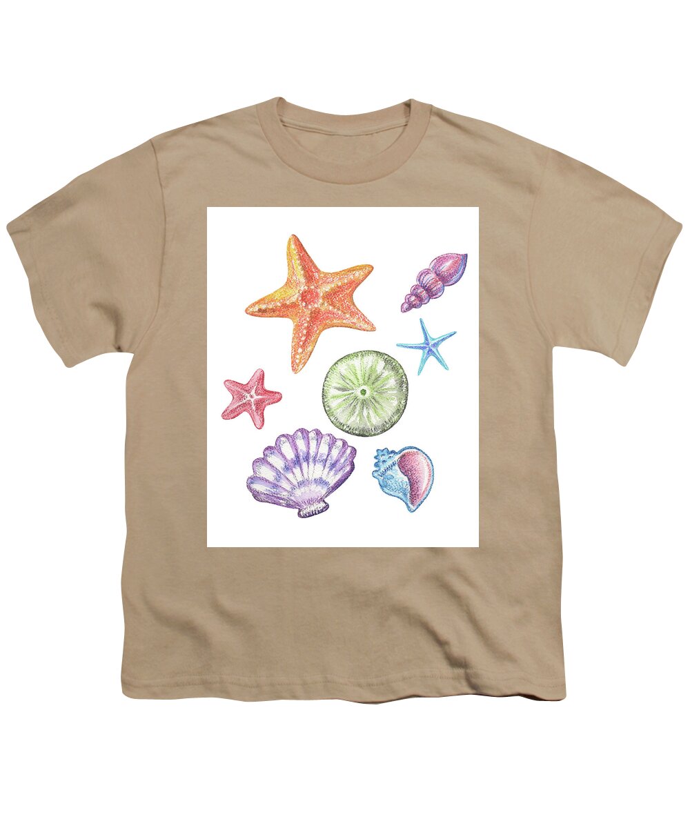 Beach Art Youth T-Shirt featuring the painting Beach Art Watercolor Sea Shells And Stars Art I by Irina Sztukowski