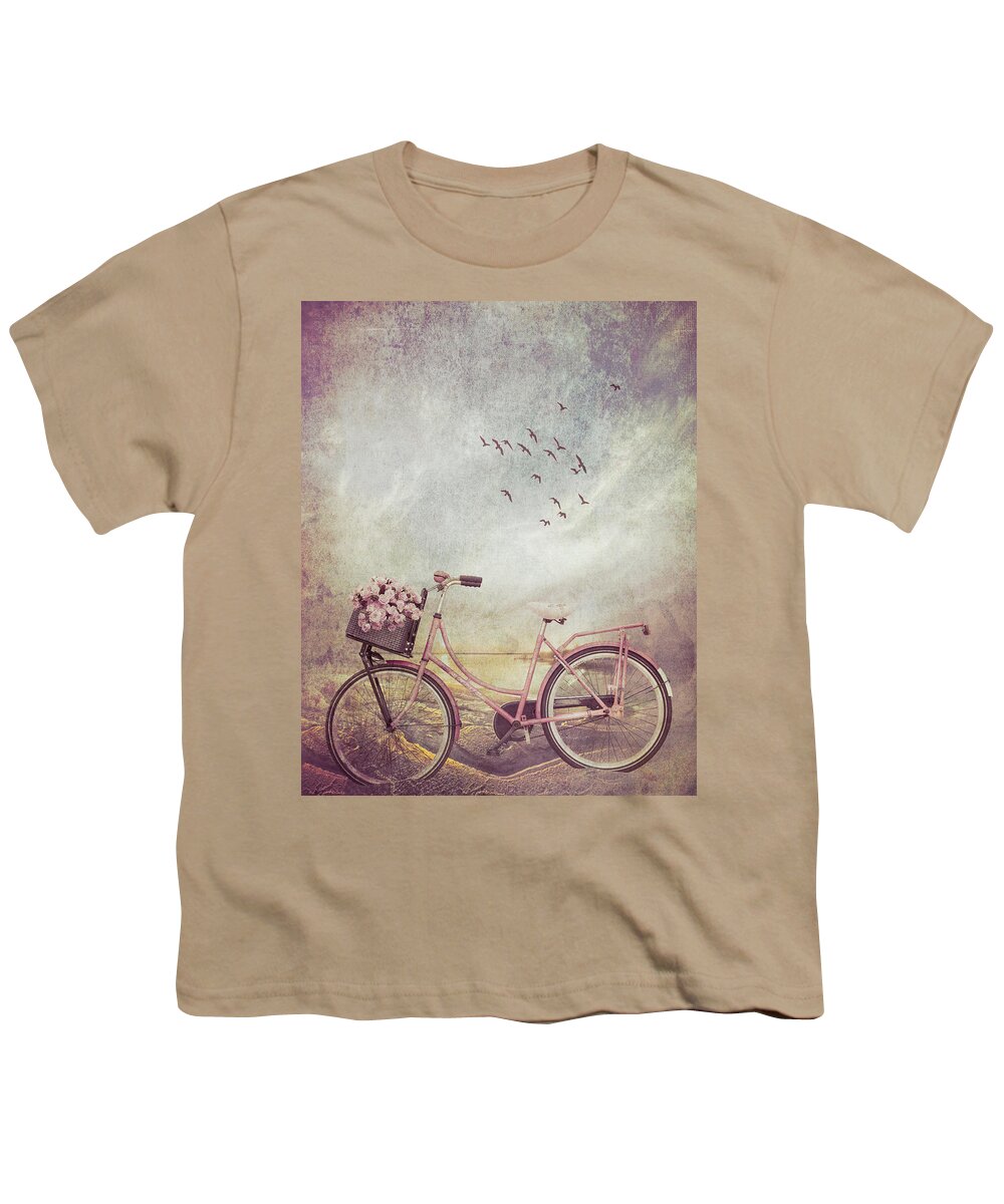 Bike Youth T-Shirt featuring the photograph Bicycle at the Lake Beach II Textured by Debra and Dave Vanderlaan