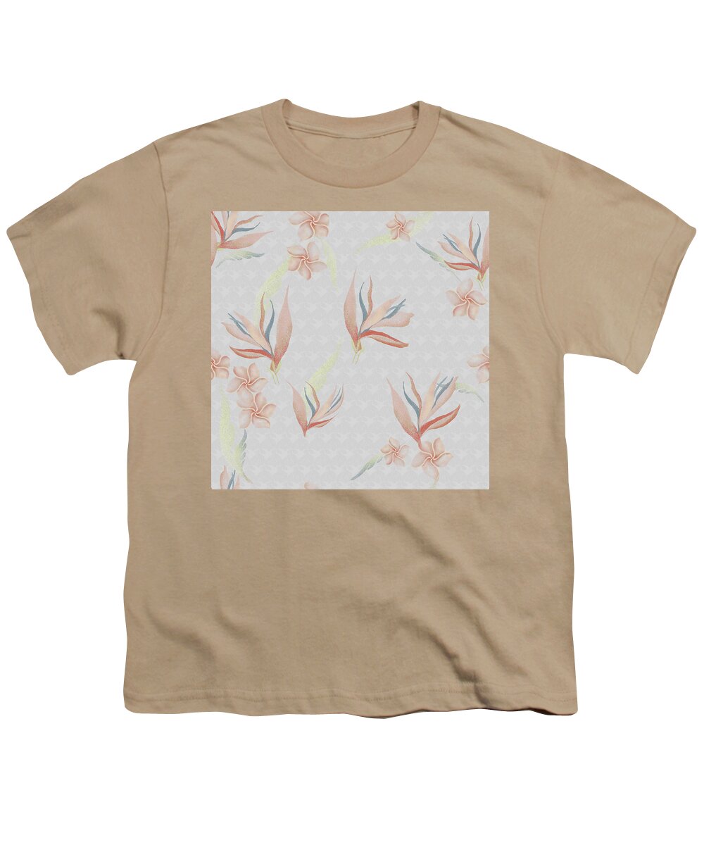 Bird Of Paradise Youth T-Shirt featuring the digital art Bird of Paradise with Plumeria Blossoms Floral Print by Sand And Chi