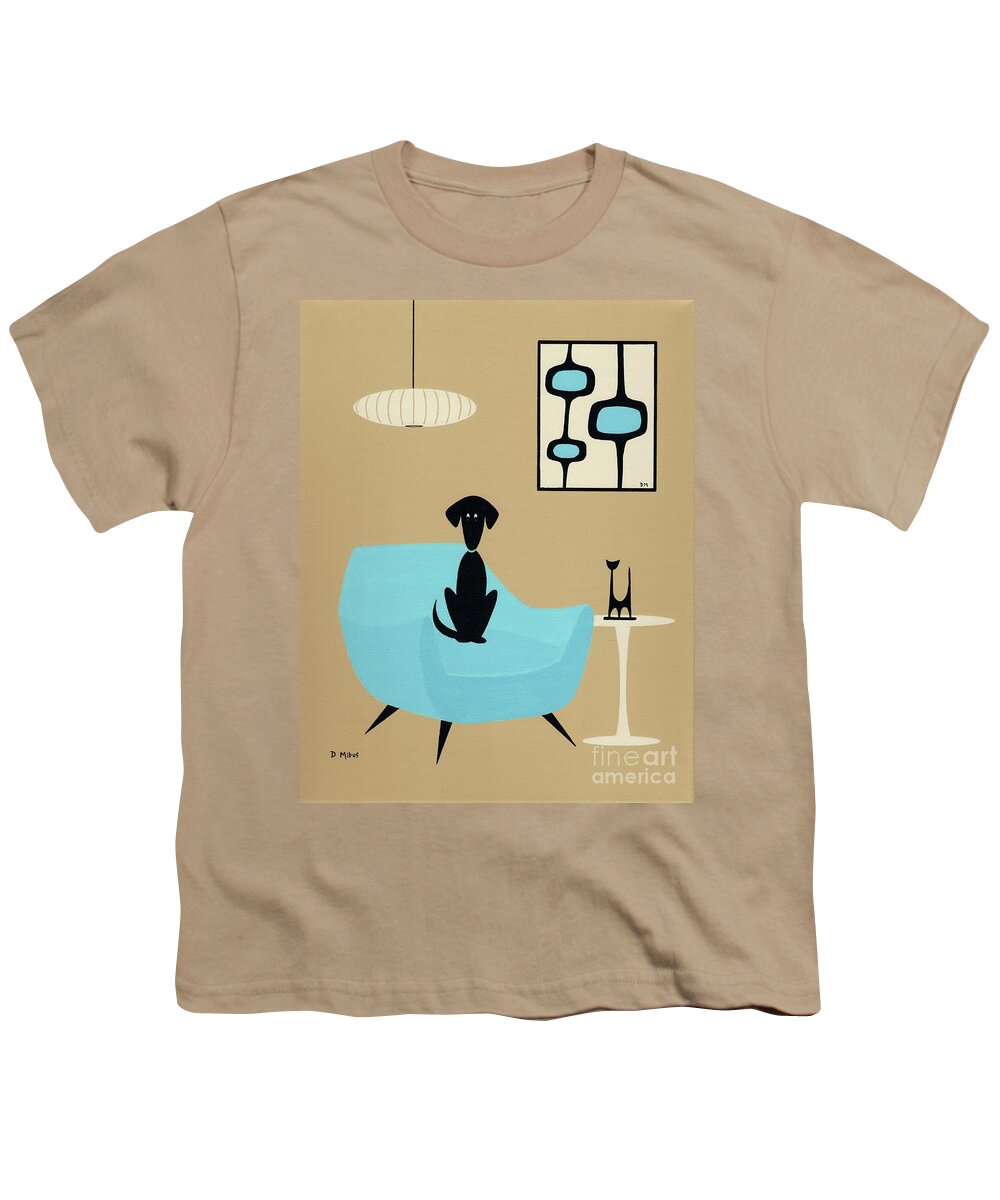 Mid Century Modern Black Dog Youth T-Shirt featuring the painting Black Dog in Blue Henry Glass Chair by Donna Mibus