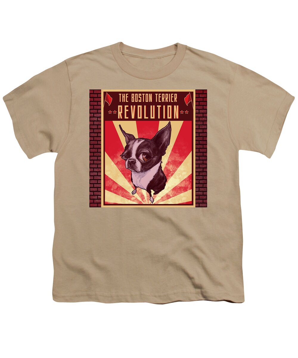 Boston Terrier Youth T-Shirt featuring the drawing Boston Terrier REVOLUTION by John LaFree