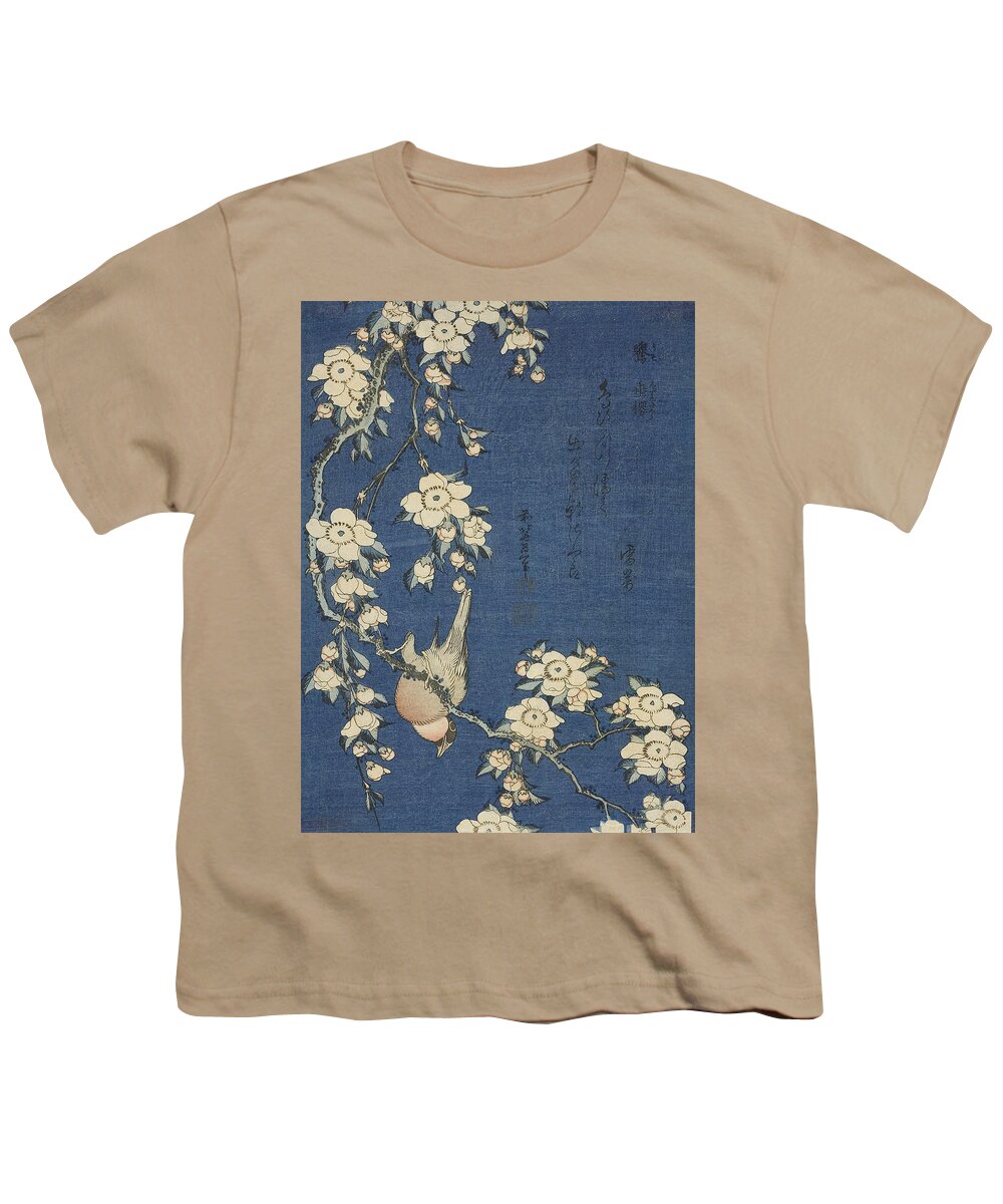 19th Century Art Youth T-Shirt featuring the relief Bullfinch and Weeping Cherry, from an untitled series of flowers and birds by Katsushika Hokusai