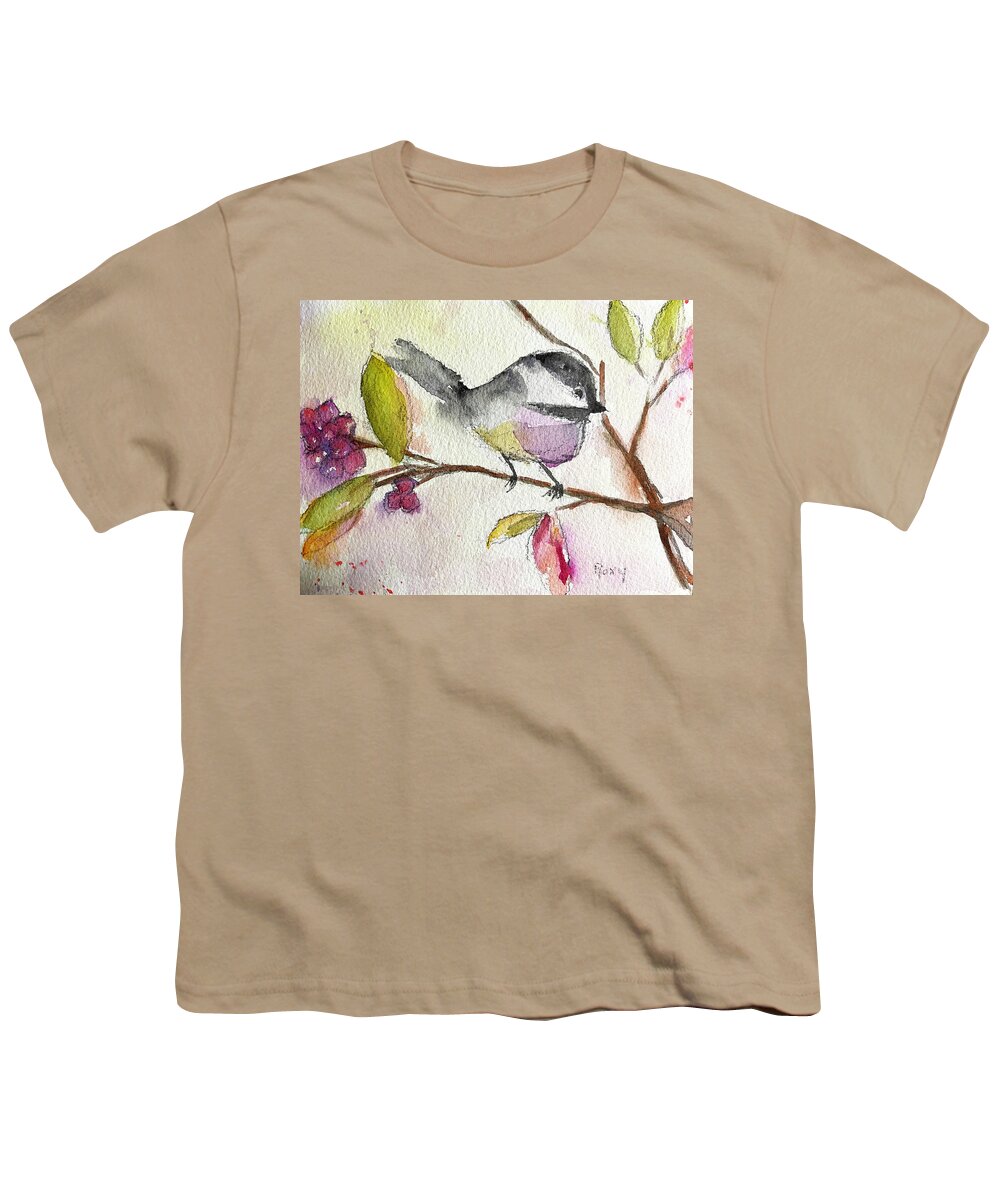 Watercolor Chickadee Youth T-Shirt featuring the painting Chickadee perched in a Tree by Roxy Rich