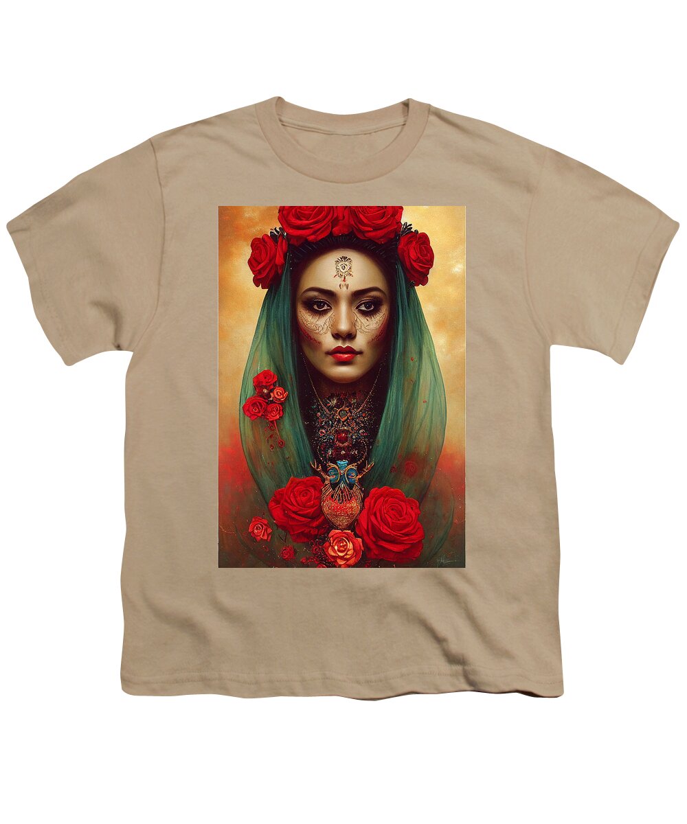 Beautiful Youth T-Shirt featuring the painting Closeup Portrait Of Beautiful Mexican Queen Of Th 4fe6ce64 5481 4142 Ae54 E451d4f6a147 by MotionAge Designs