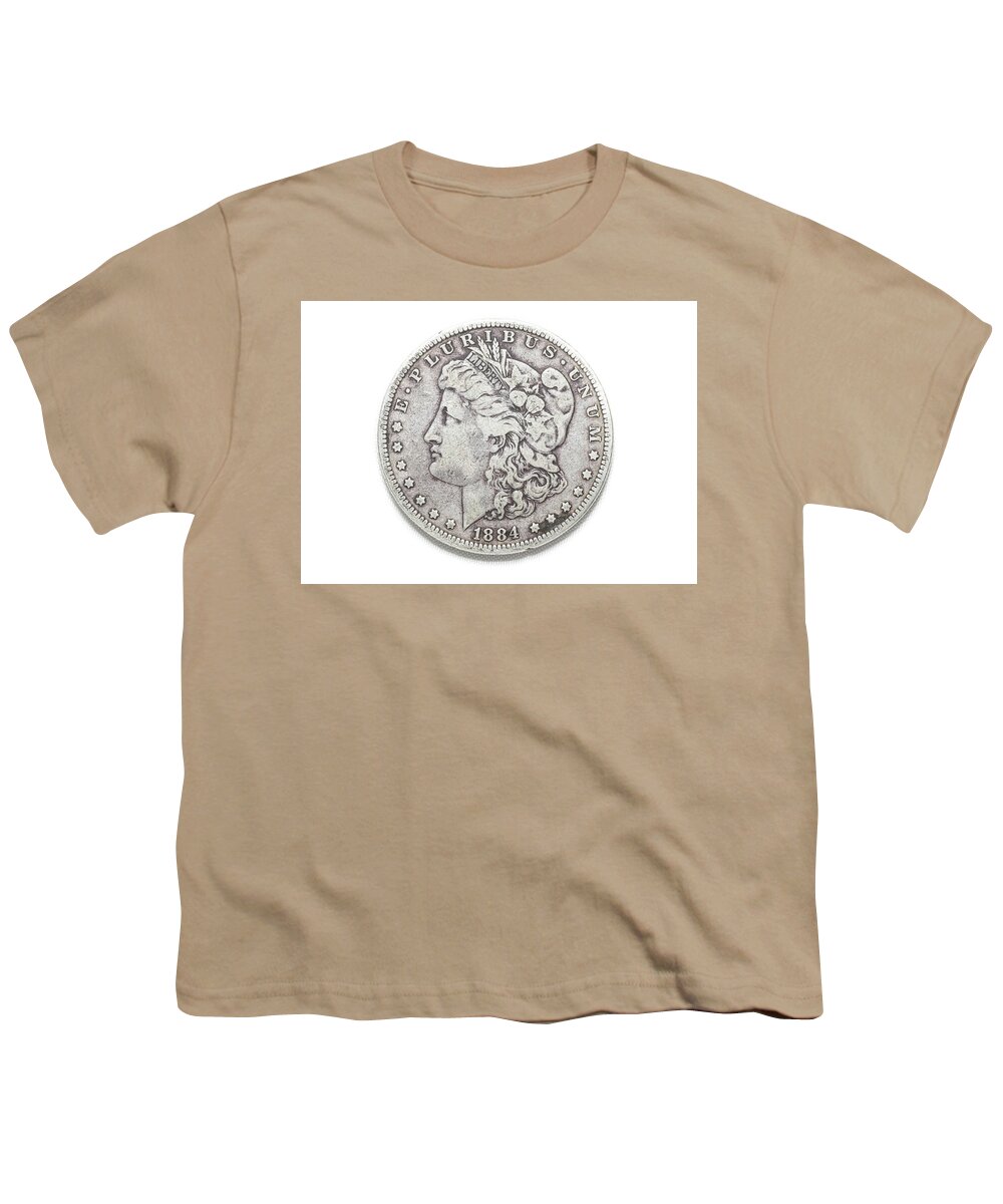 1884 Youth T-Shirt featuring the photograph Coin Collecting - 1884 Morgan Dollar Face Side by Amelia Pearn