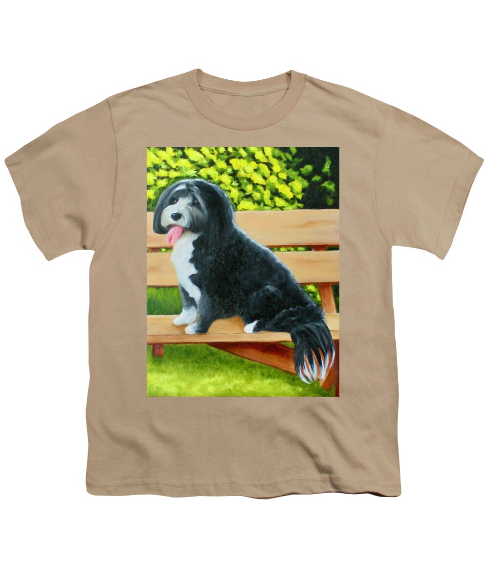 Pet Portrait Youth T-Shirt featuring the painting Dog on a Park Bench by Tracy Hutchinson