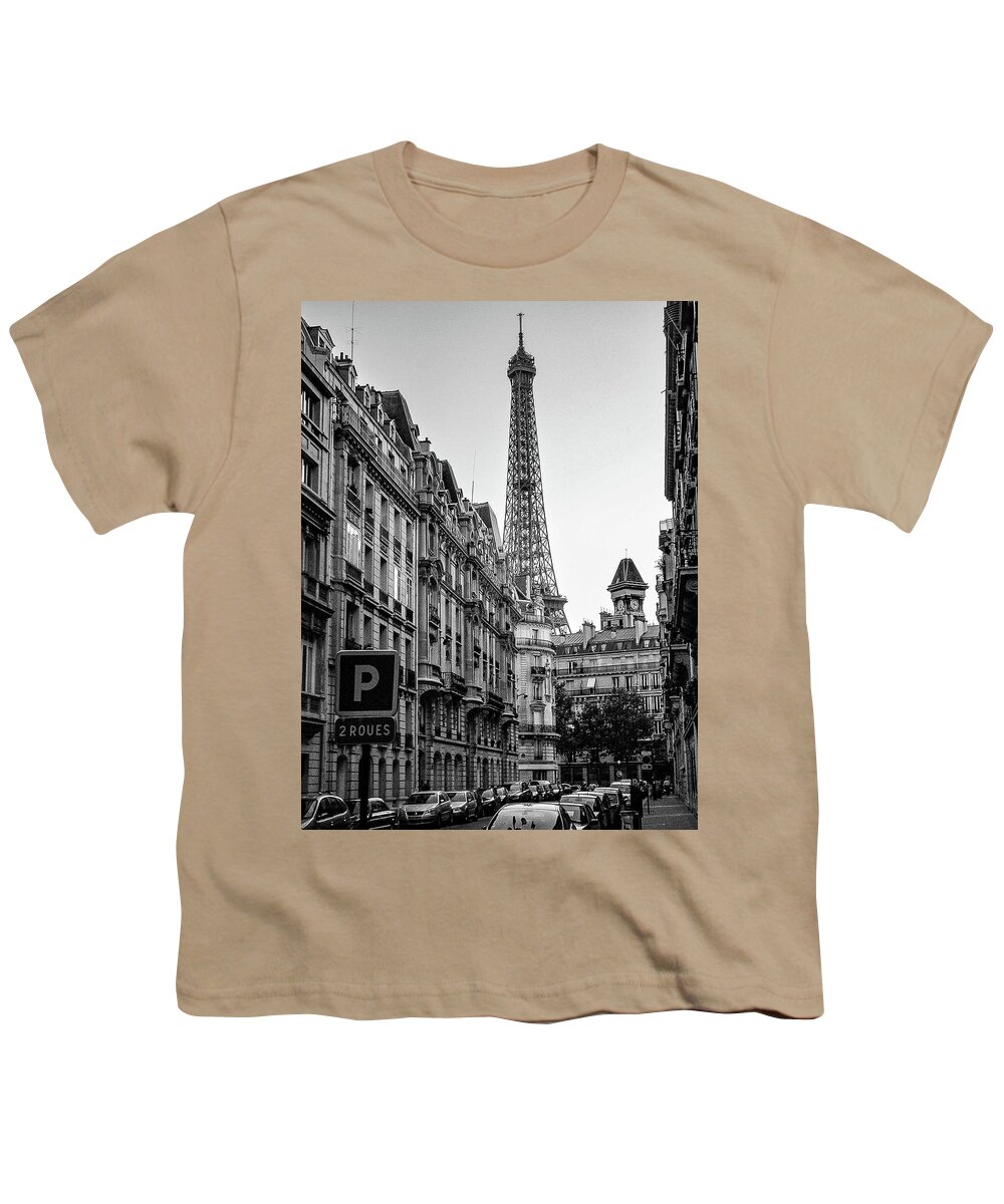 France Youth T-Shirt featuring the photograph Eiffel Tower in Black And White by Jim Feldman
