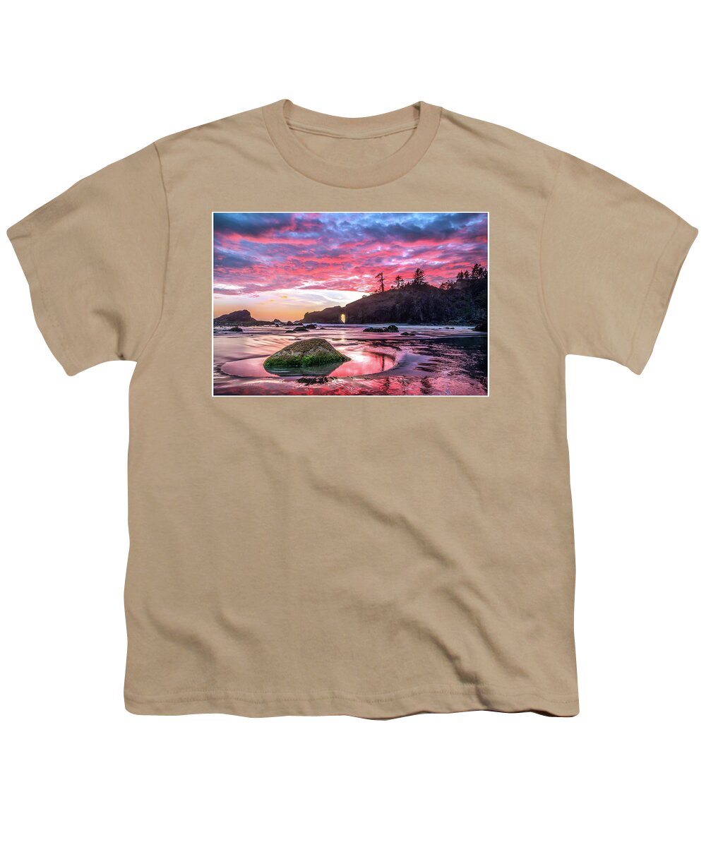 Sunset Youth T-Shirt featuring the photograph Fiery sky reflected in the water in OIympic National Park by Robert Miller