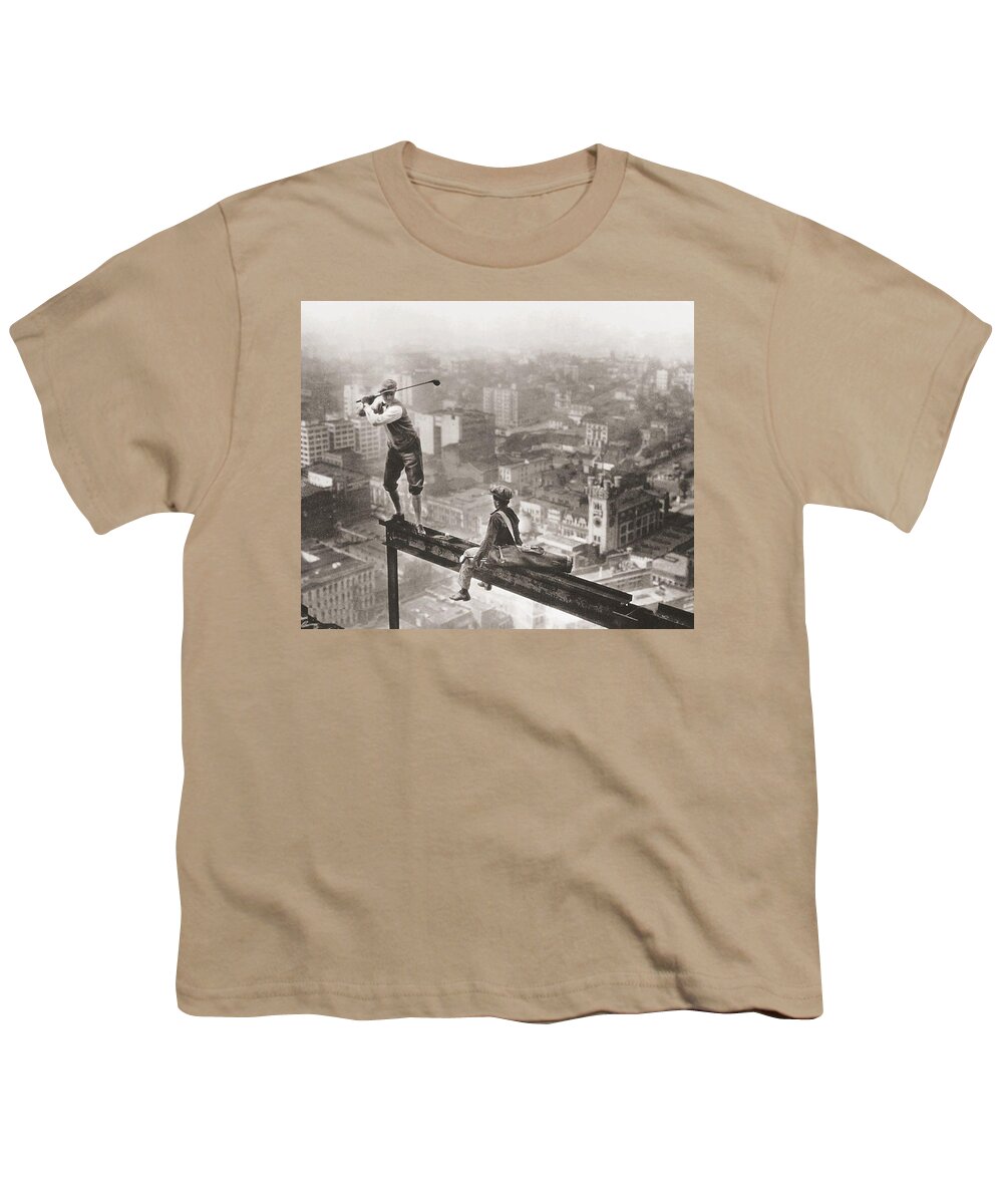 Golf Youth T-Shirt featuring the painting Golfer On Girder Over New York Sepia by Tony Rubino