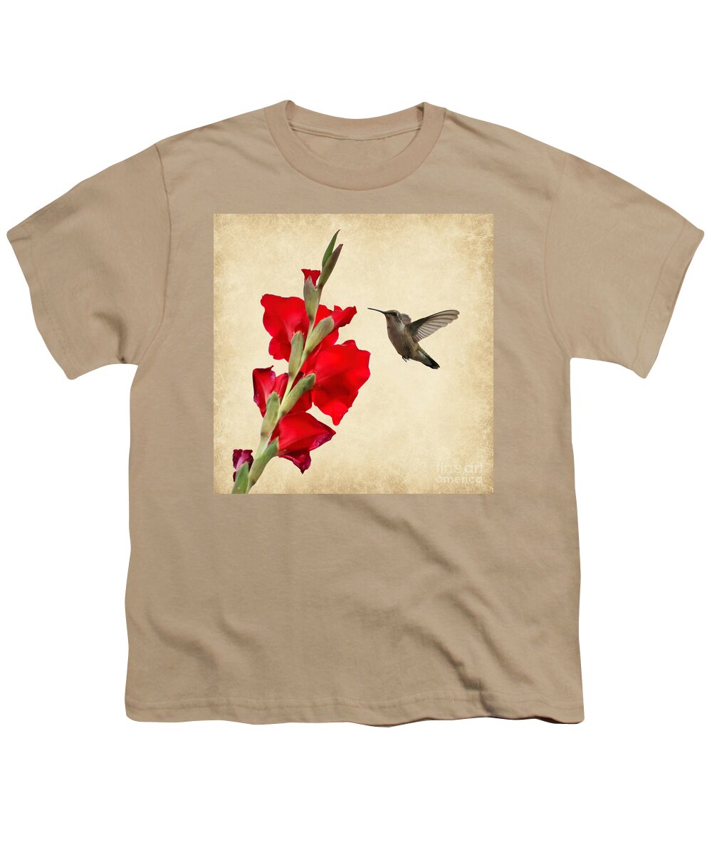 Hummingbird Youth T-Shirt featuring the photograph Hummingbird with Red Gladiolus Creative by Carol Groenen