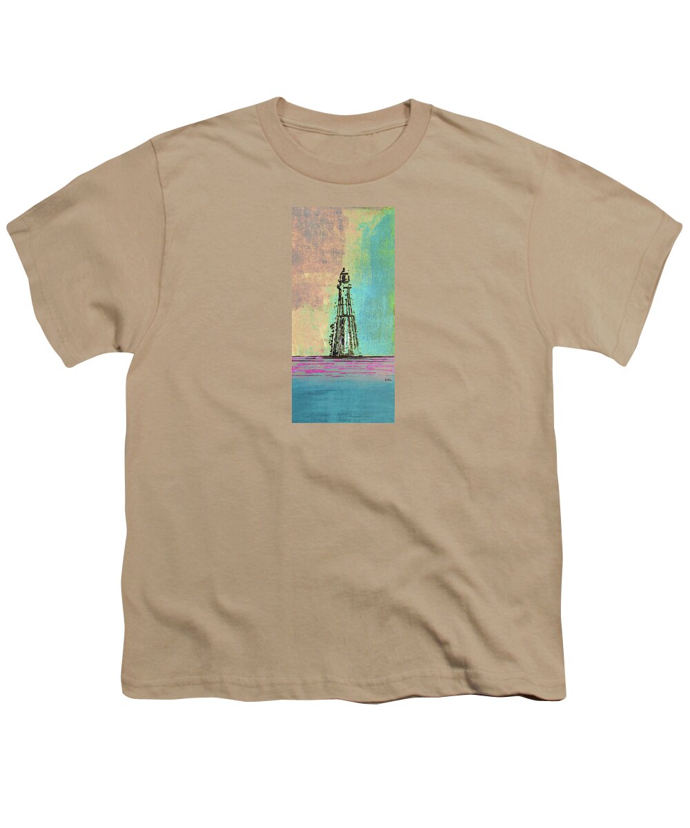Lighthouse Youth T-Shirt featuring the mixed media Light on the Horizon 1113 Yellow Green Blue by Corinne Carroll