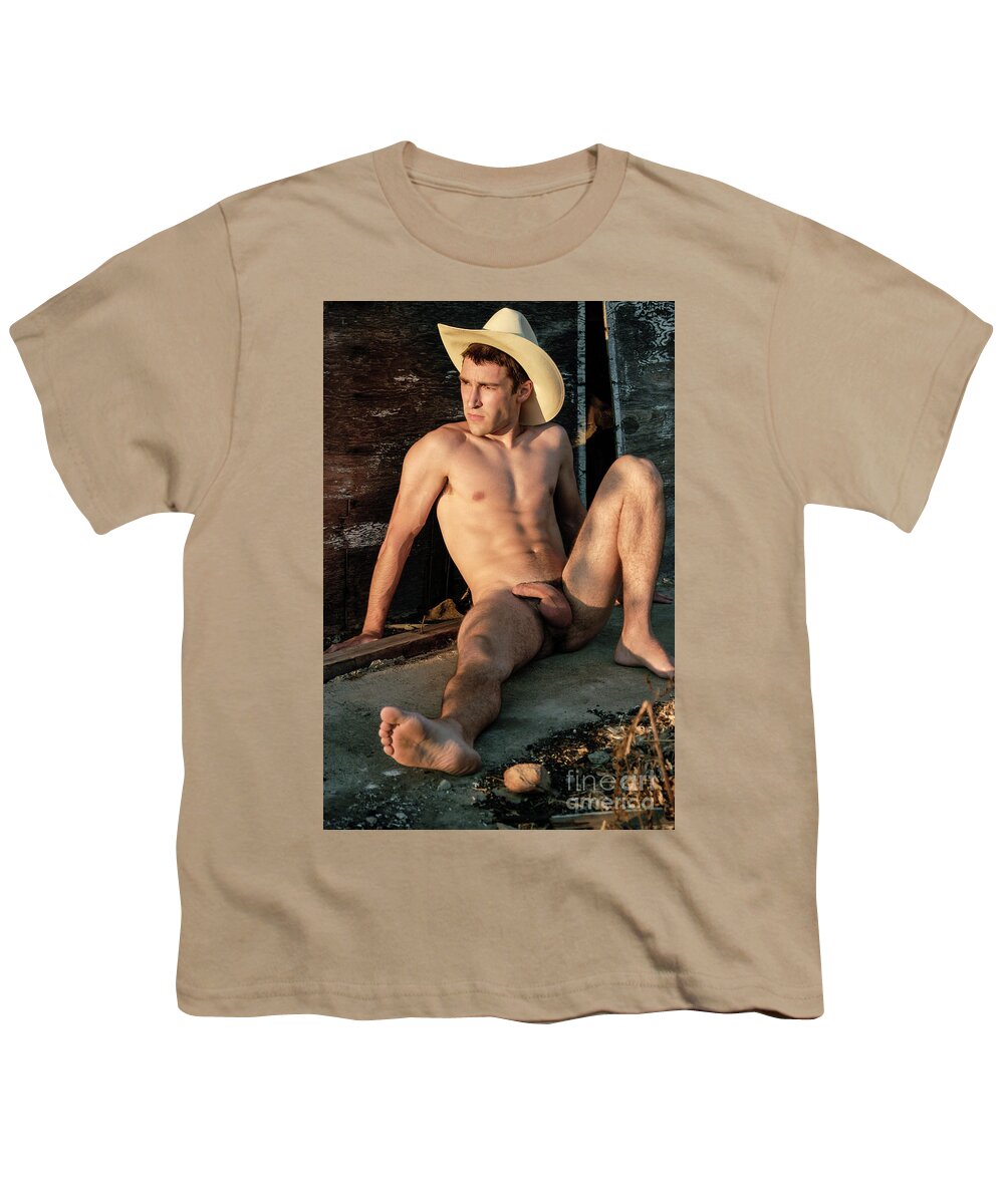 Male Art Youth T-Shirt featuring the photograph Naked cowboy rest in the setting sun. by Gunther Allen