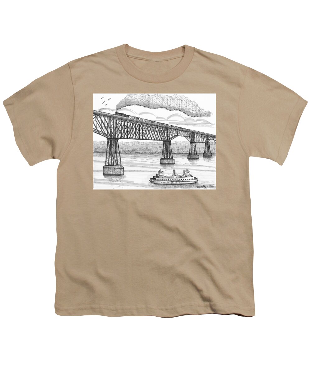 Poughkeepsie Railroad Bridge Youth T-Shirt featuring the drawing Poughkeepsie Railroad Bridge and Steam Ferry circa 1890 by Richard Wambach
