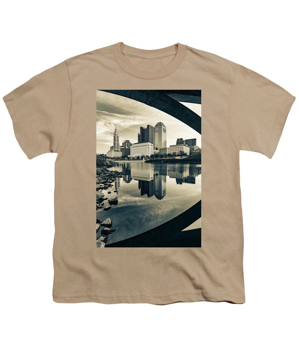 Columbus Skyline Youth T-Shirt featuring the photograph Scioto River City Reflections Under The Bridge - Sepia Edition by Gregory Ballos