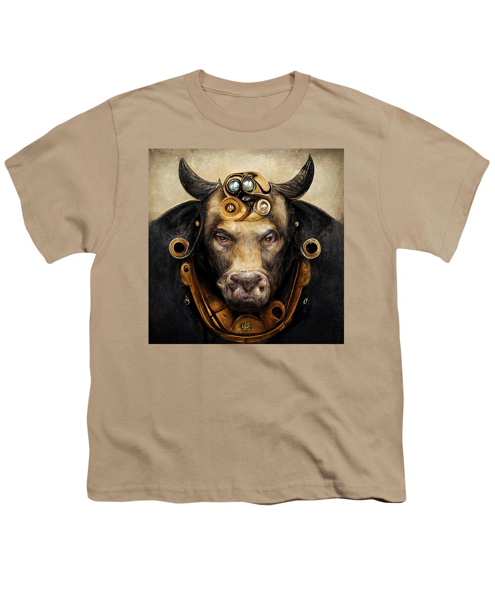 Bull Youth T-Shirt featuring the digital art Steampunk Animal 08 Bull Portrait by Matthias Hauser