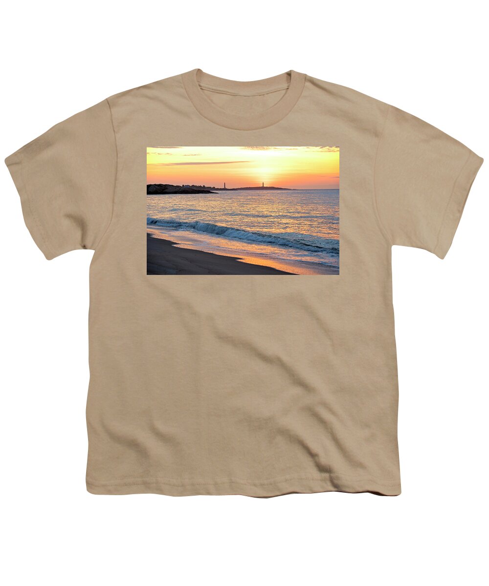 Gloucester Youth T-Shirt featuring the photograph Sunrise over Thacher Island from Long Beach in Rockport MA Golden Sunrise Wave by Toby McGuire