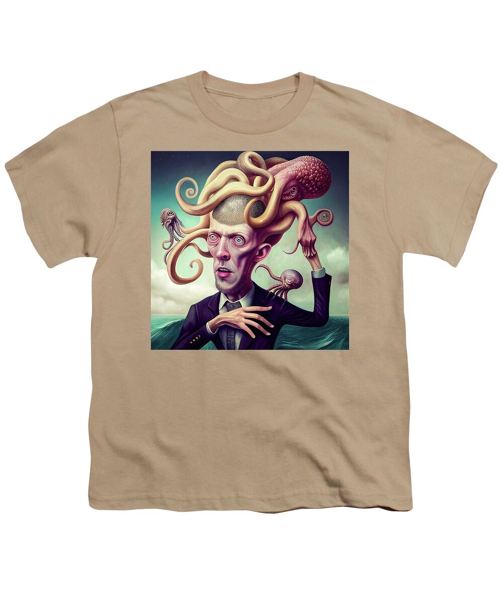 Octopus Youth T-Shirt featuring the digital art Surreal Hybrid Creature 03 Octopus and Human by Matthias Hauser