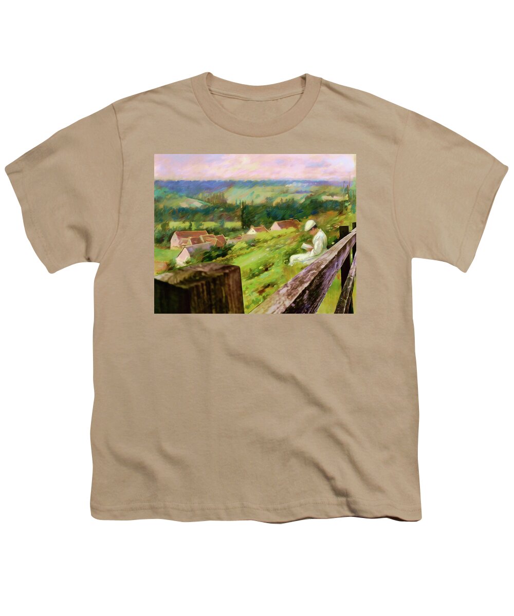 Landscape Youth T-Shirt featuring the digital art The Quiet Place Landscape with Woman Reading by a Fence by Shelli Fitzpatrick