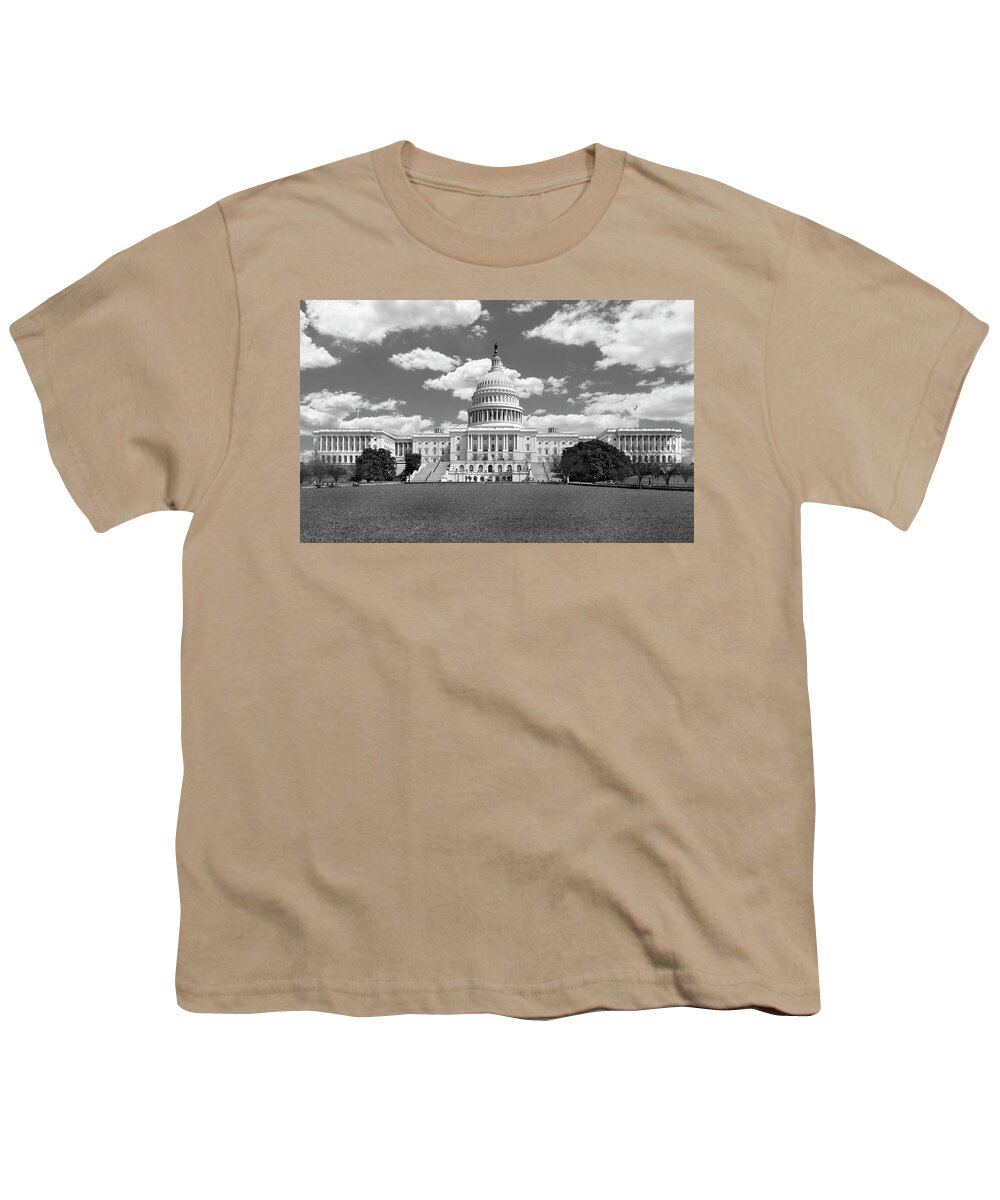 Us Capitol Youth T-Shirt featuring the photograph United States Capitol Building bw by Mike McGlothlen