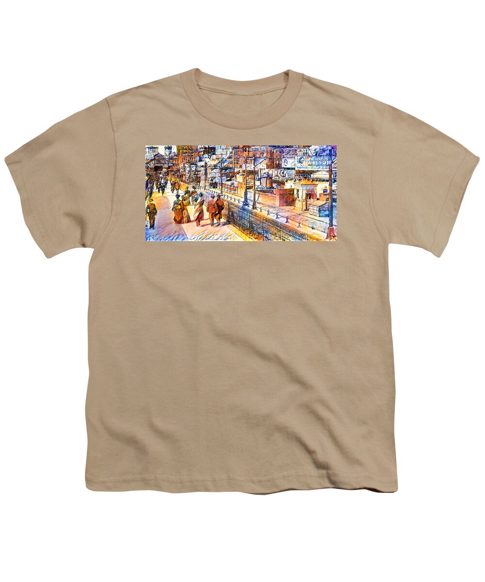 Wingsdomain Youth T-Shirt featuring the photograph Vintage New York Brooklyn Bridge in Vibrant Watercolor Sketch Style 20200810 Long by Wingsdomain Art and Photography