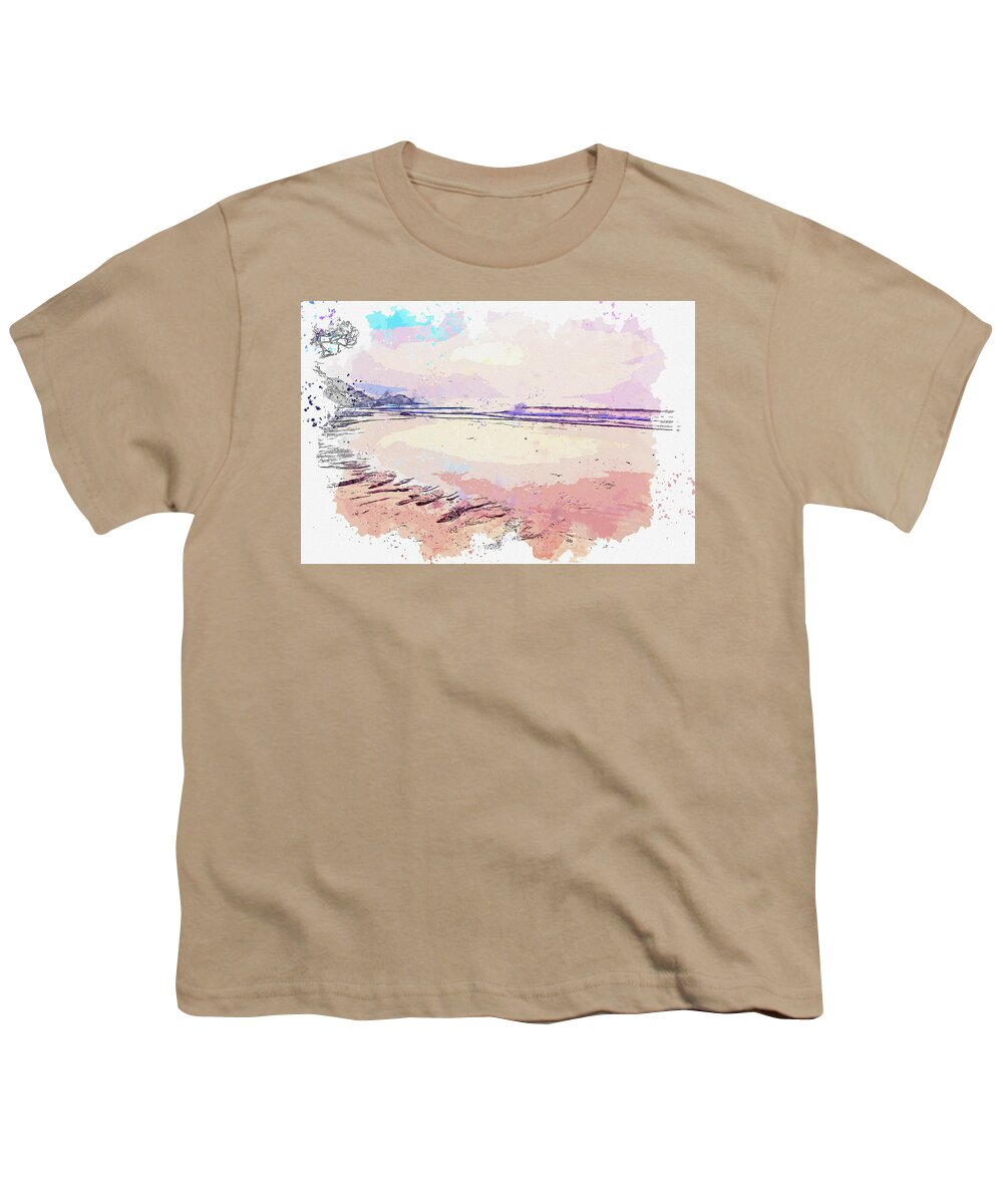 Wavy Sea Under Bright Sky At Sunset Youth T-Shirt featuring the digital art Wavy sea under bright sky at sunset, watercolor, ca 2020 by Ahmet Asar by Celestial Images