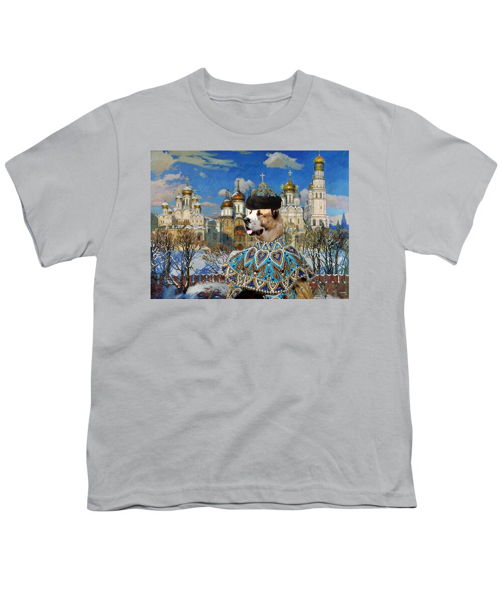 Central Asian Shepherd Dog Youth T-Shirt featuring the painting Central Asian Shepherd Dog Art Canvas Print - Emperor with Golden Church by Sandra Sij