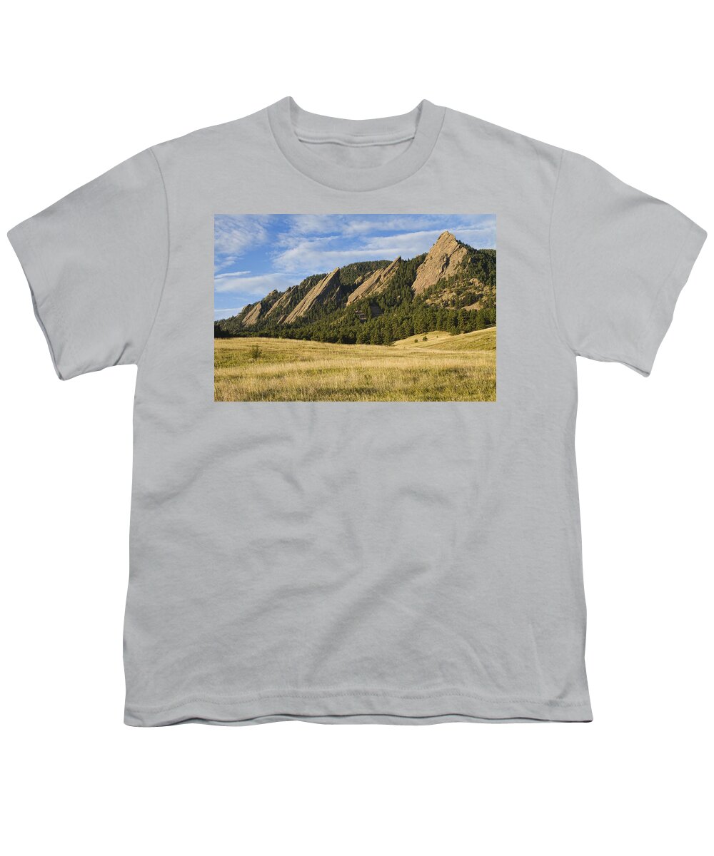 'boulder Photos' Youth T-Shirt featuring the photograph Flatirons with Golden Grass Boulder Colorado by James BO Insogna