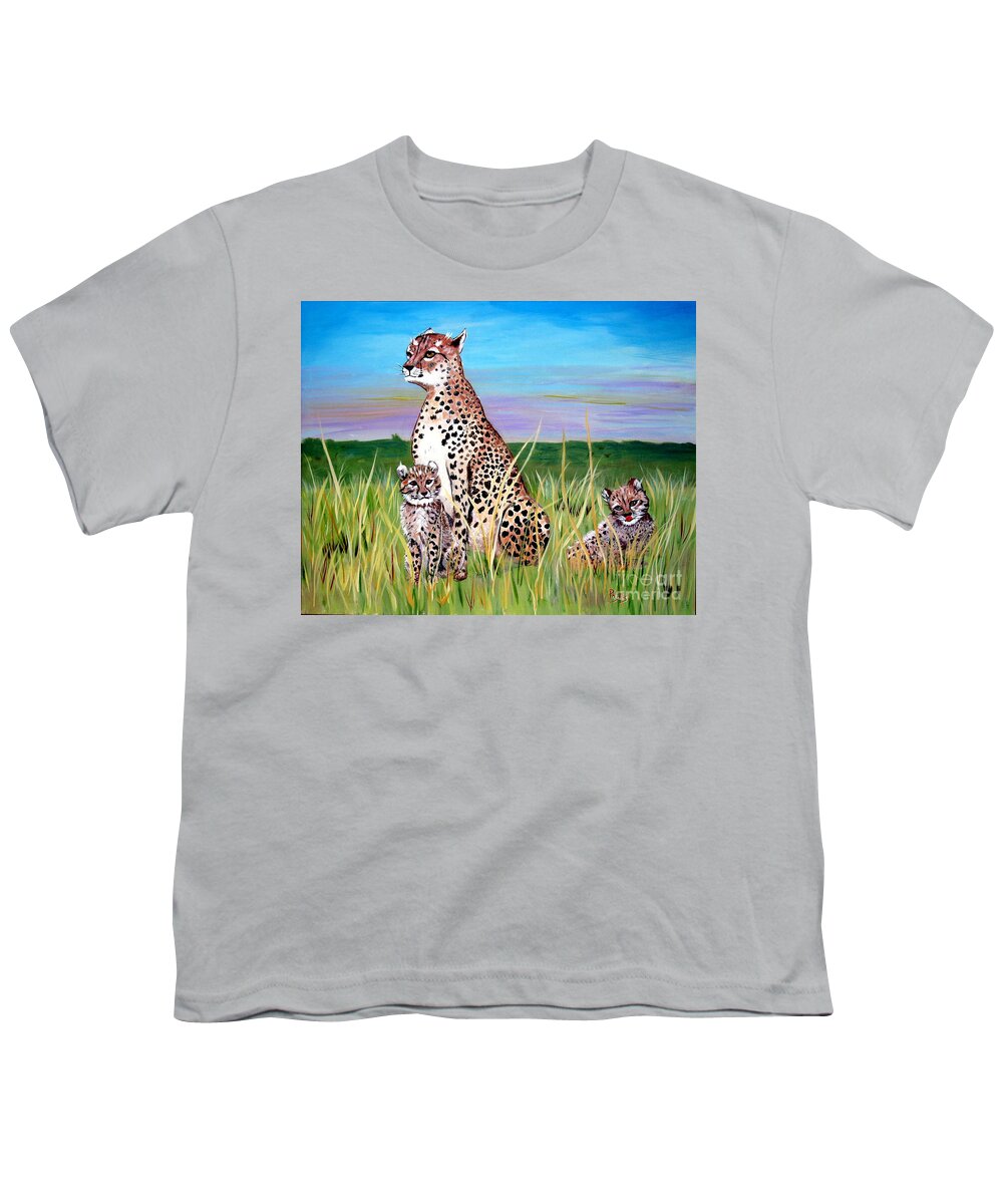 Cheetah Mother & 2 Cheetah Babies Youth T-Shirt featuring the painting Cheetah Family by Phyllis Kaltenbach