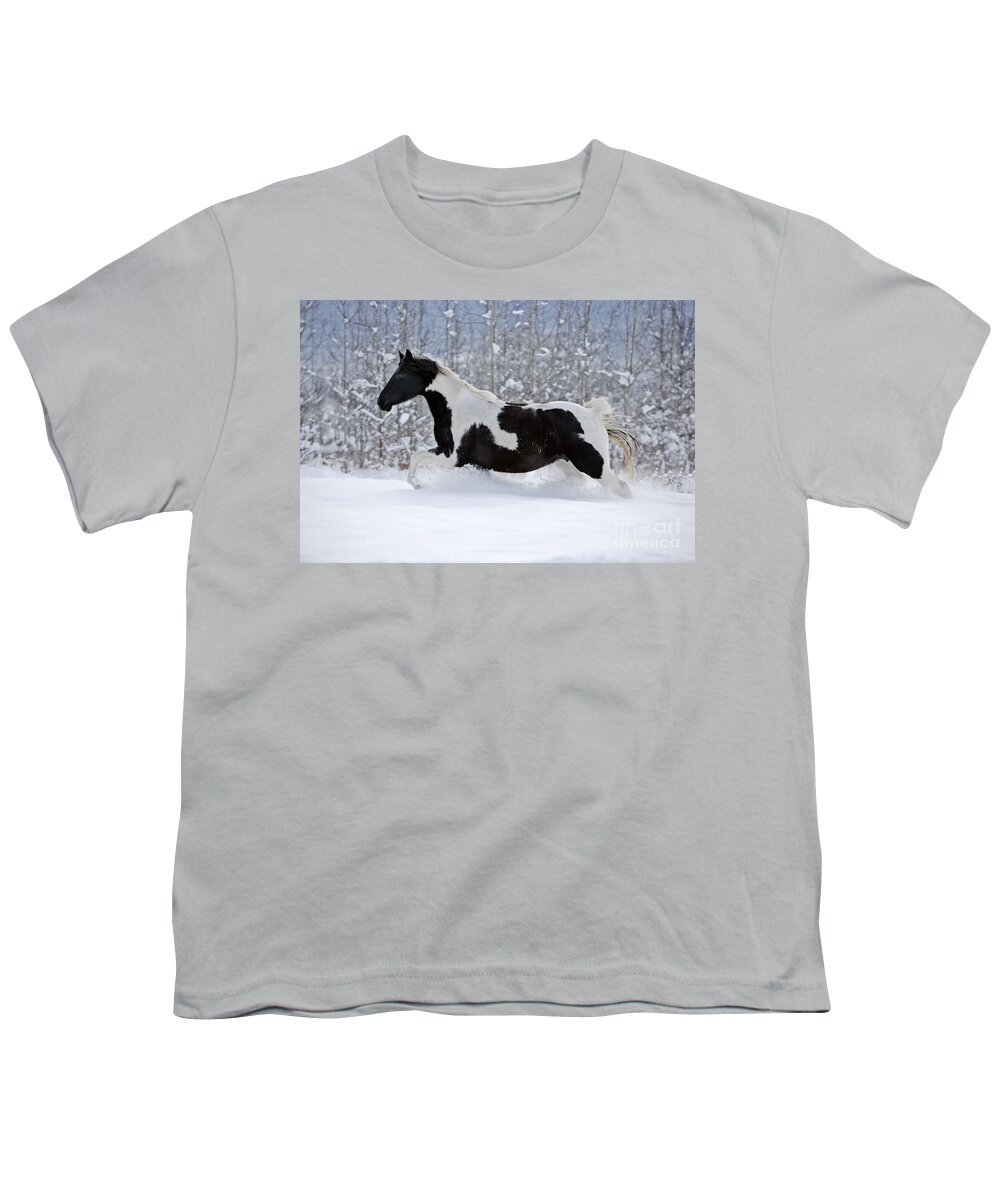 Black And White Youth T-Shirt featuring the photograph Black And White Paint Horse In Snow by Rolf Kopfle