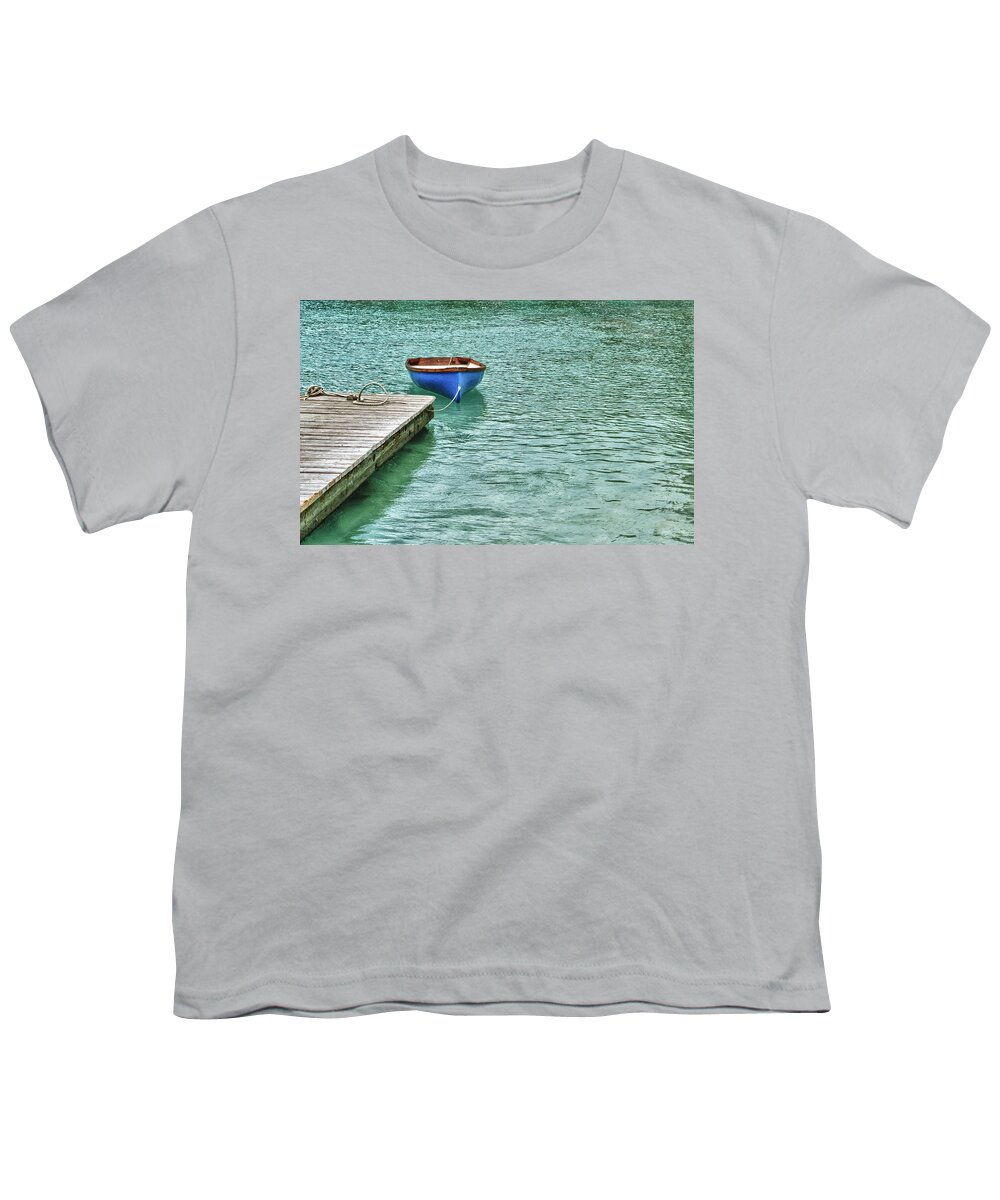 Blue Youth T-Shirt featuring the digital art Blue Boat Off Dock by Michael Thomas
