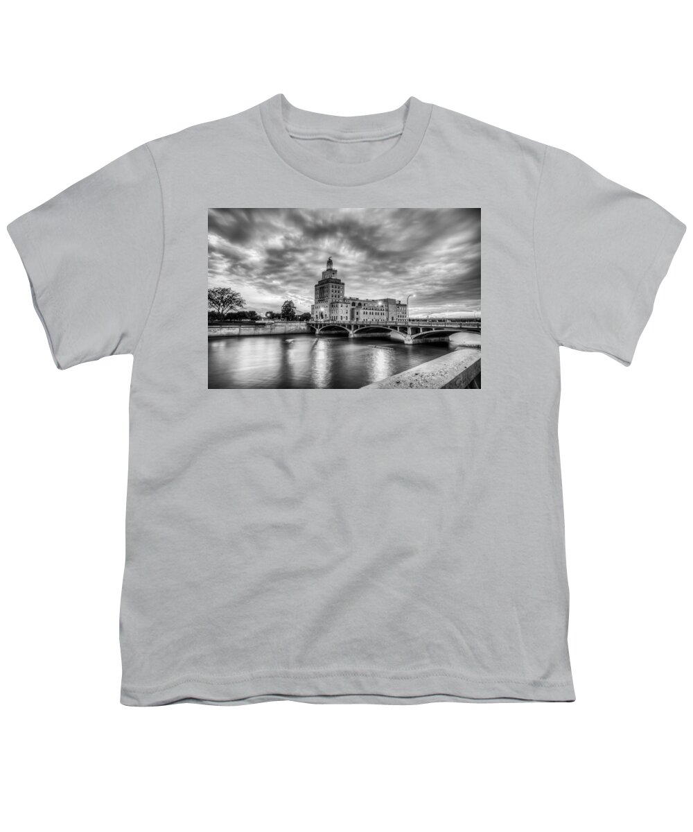 Cedar Rapids Youth T-Shirt featuring the photograph Cedar Rapids Mays Island in Black and White by Anthony Doudt