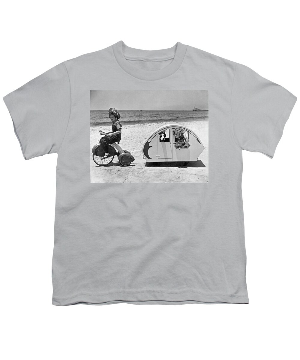 1938 Youth T-Shirt featuring the photograph Children Beach Tour by Underwood Archives