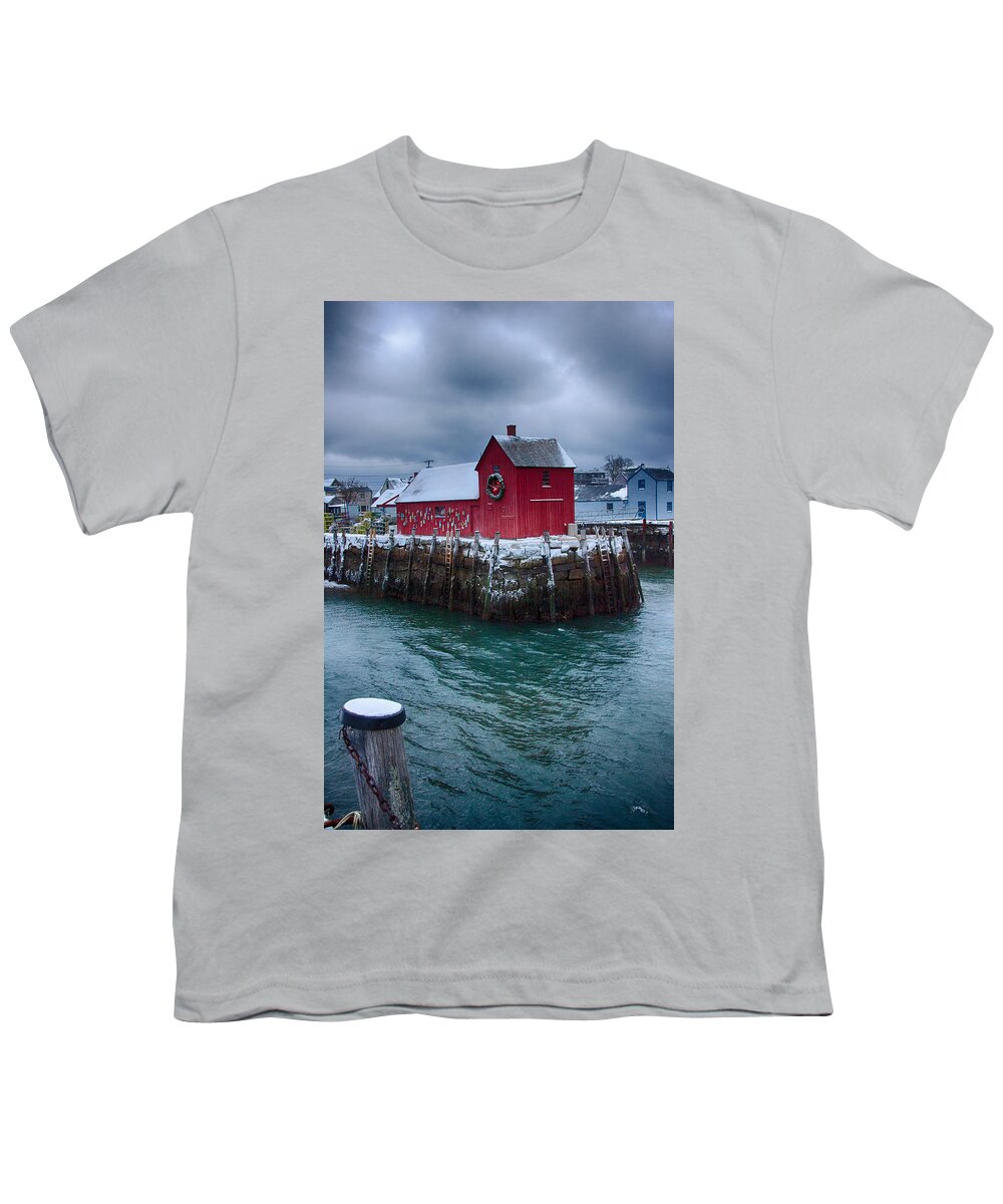 Rockport Harbor Youth T-Shirt featuring the photograph Christmas in Rockport Massachusetts by Jeff Folger