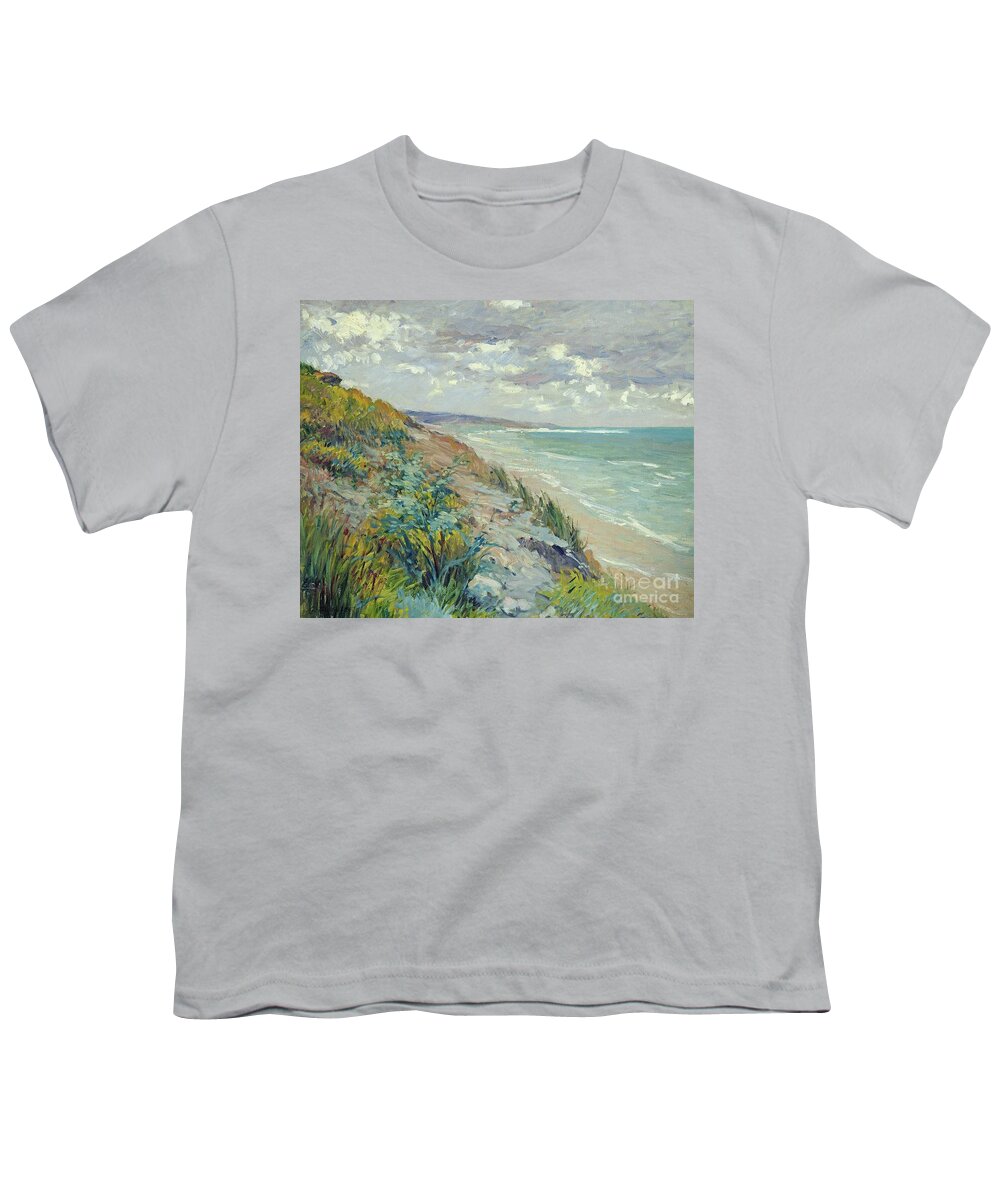 Beach Youth T-Shirt featuring the painting Cliffs by the sea at Trouville by Gustave Caillebotte