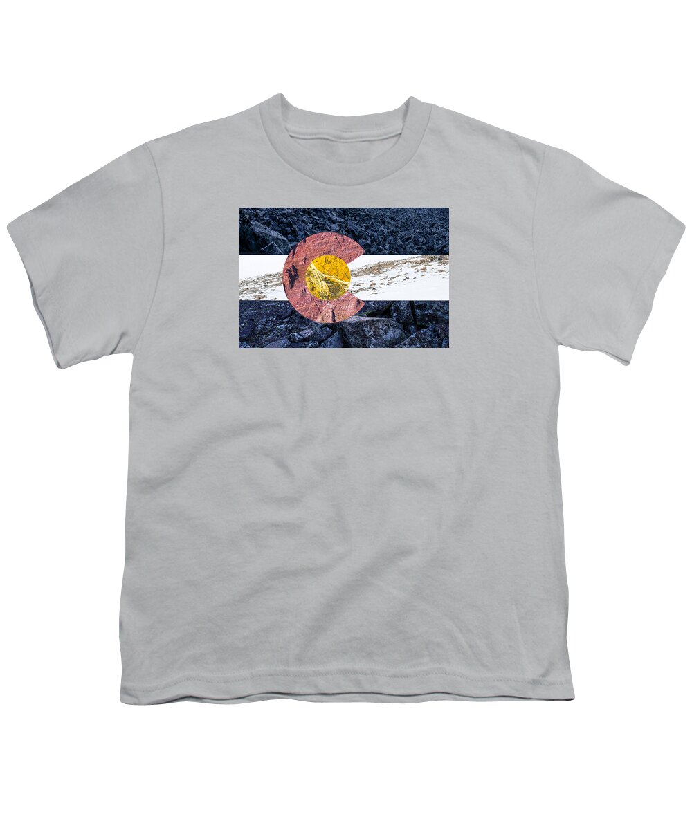 Colorado Youth T-Shirt featuring the photograph Colorado State Flag with Mountain Textures by Aaron Spong
