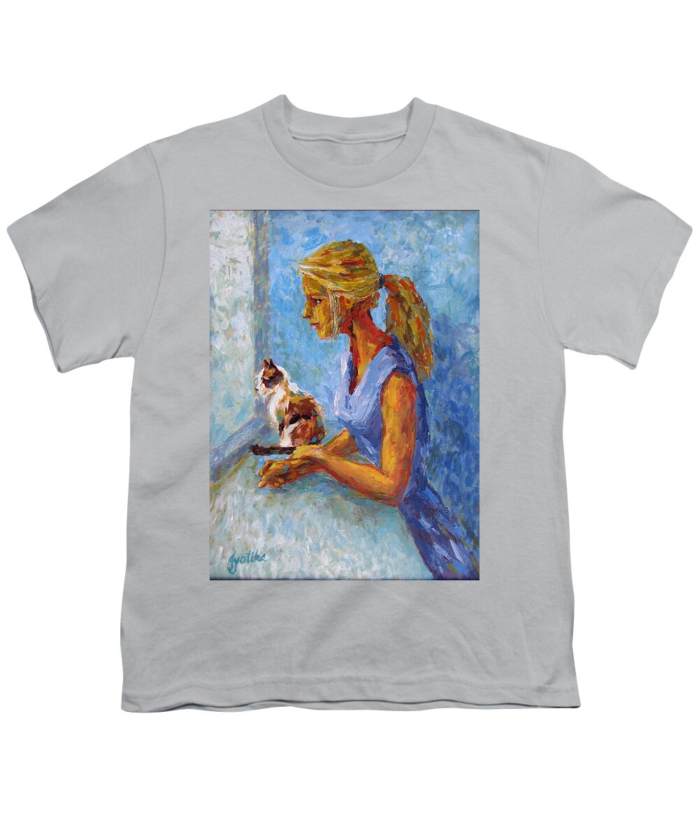 Girl And Cat Youth T-Shirt featuring the painting Curiosity by Jyotika Shroff