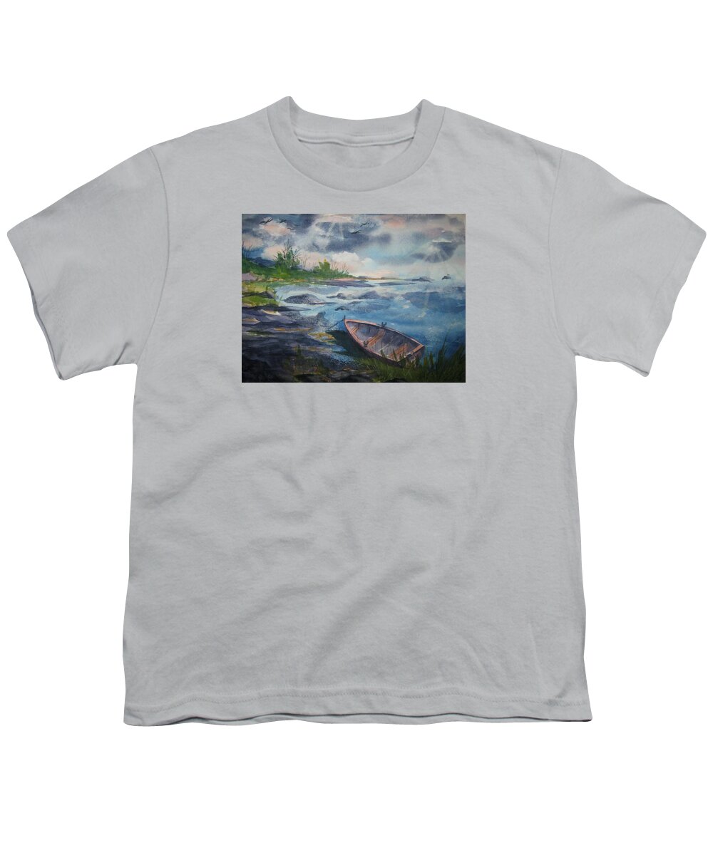 Rowboat Youth T-Shirt featuring the painting Forgotten Rowboat by Ellen Levinson