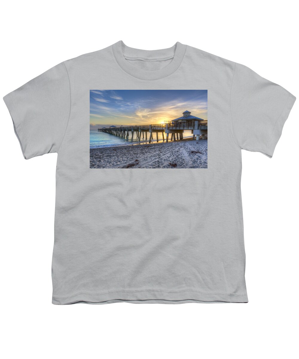 Clouds Youth T-Shirt featuring the photograph Juno Beach Pier at Dawn by Debra and Dave Vanderlaan