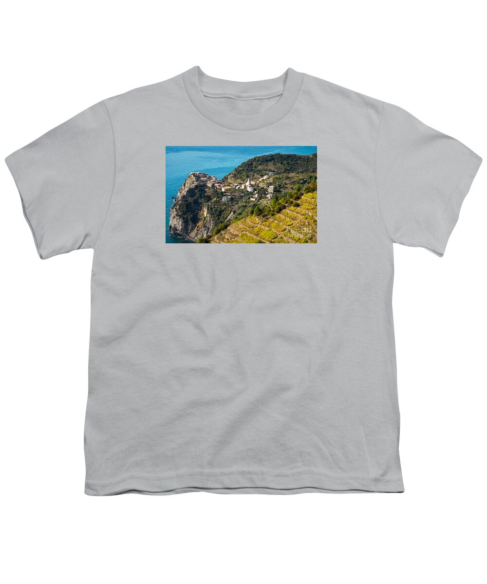 Italy Youth T-Shirt featuring the photograph Looking Down onto Corniglia by Prints of Italy